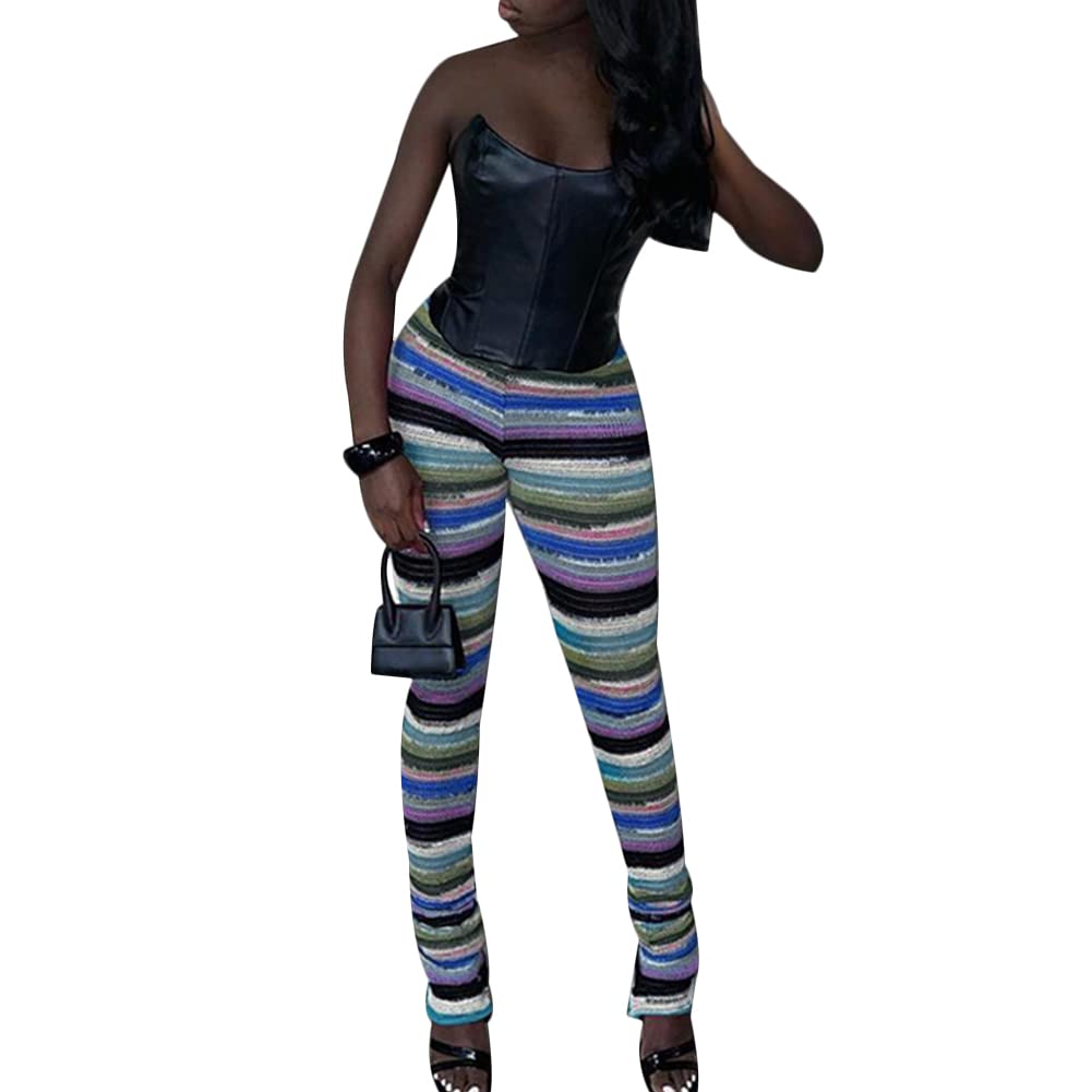LoVnely Women's High Waist Knitted Leggings - Colorful Striped Stretchy Yoga Pants for Running & Fitness | Gym, Lounge & Everyday Wear
