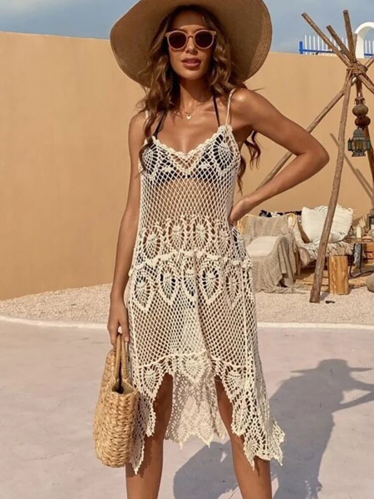 Bohemian Hollow Out Lace Pareo Beach Cover Up - Women's Summer Swimwear Cover Dress for Holiday, Pool Party & Vacation - Lightweight Sundress for Beach Outfits & Casual Wear