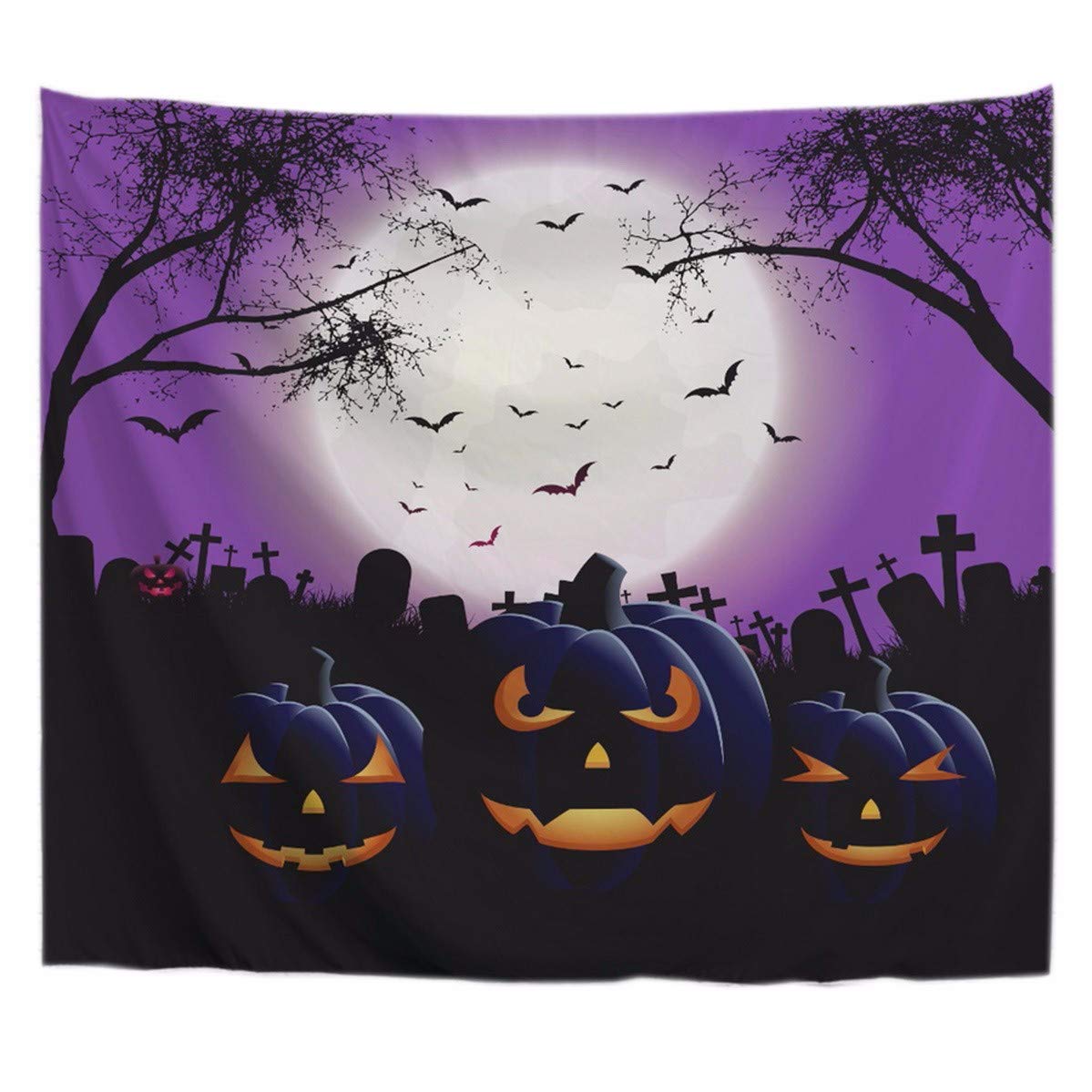 Lavender Purple Sky Moon Crown Birds Pumpkin Gothic Halloween Tapestry - Bohemian Wall Hanging Decor for Dorm Room, Bedroom & Living Room | Holiday Themed Fabric Art for Seasonal Home Decor