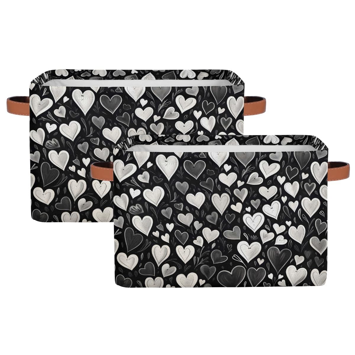 Valentine's Day Storage Basket Set of 2 - Black and White Heart Decor Organizer with Handles for Home, Office & Gift Wrapping | Perfect for Shelves, Closet Organization & Romantic Decorations