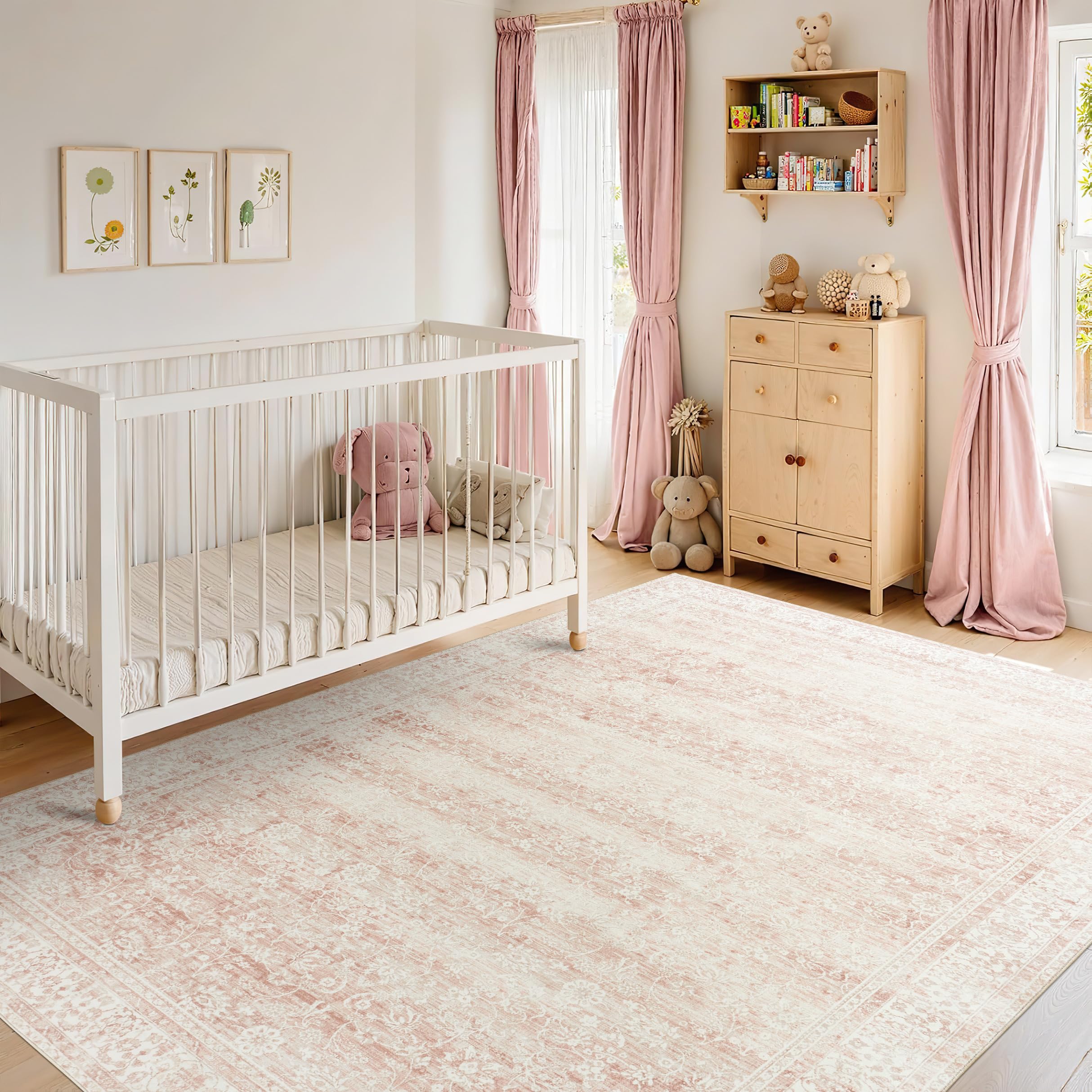 BILEEHOME 5x8 Washable Soft Faux Wool Nursery Rug - Neutral Blush Pink Boho Floral Baby Girl Rug for Living Room, Bedroom & Nursery | Perfect for Playtime, Nursery Decor & Cozy Home Accents