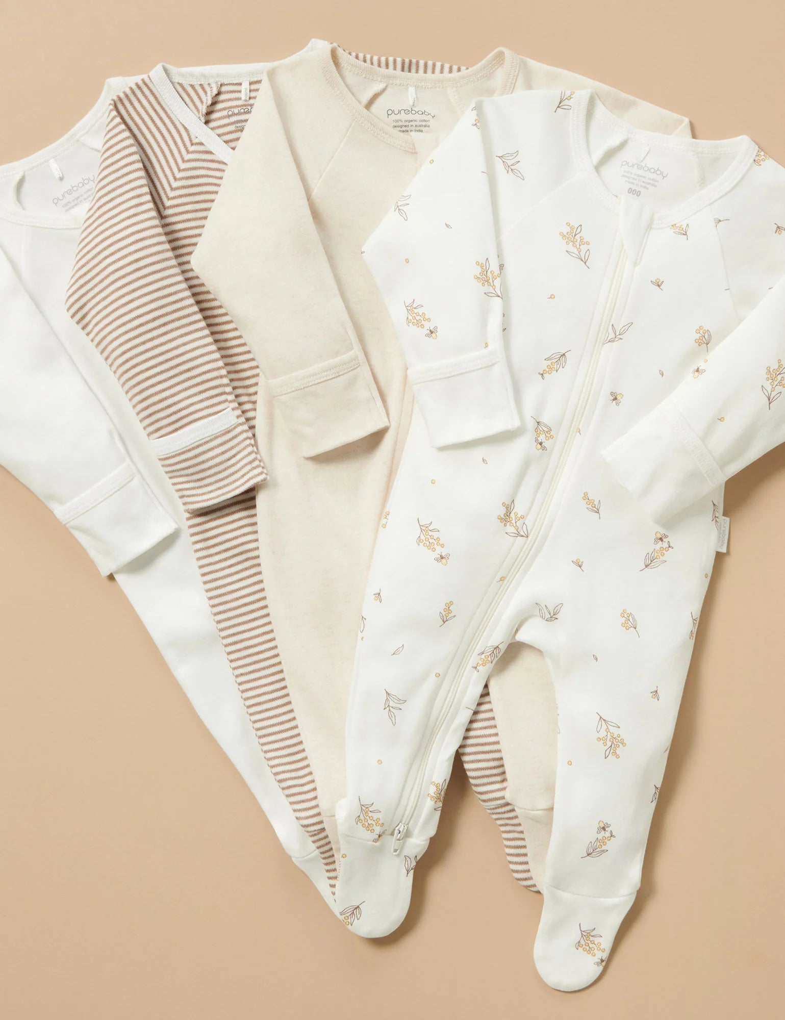 Purebaby Organic Zip Growsuit 4 Pack - Soft Cotton Baby Romper Set for Newborns & Infants (Vanilla Wattle Bee) | Perfect for Playtime, Daycare & Sleepwear