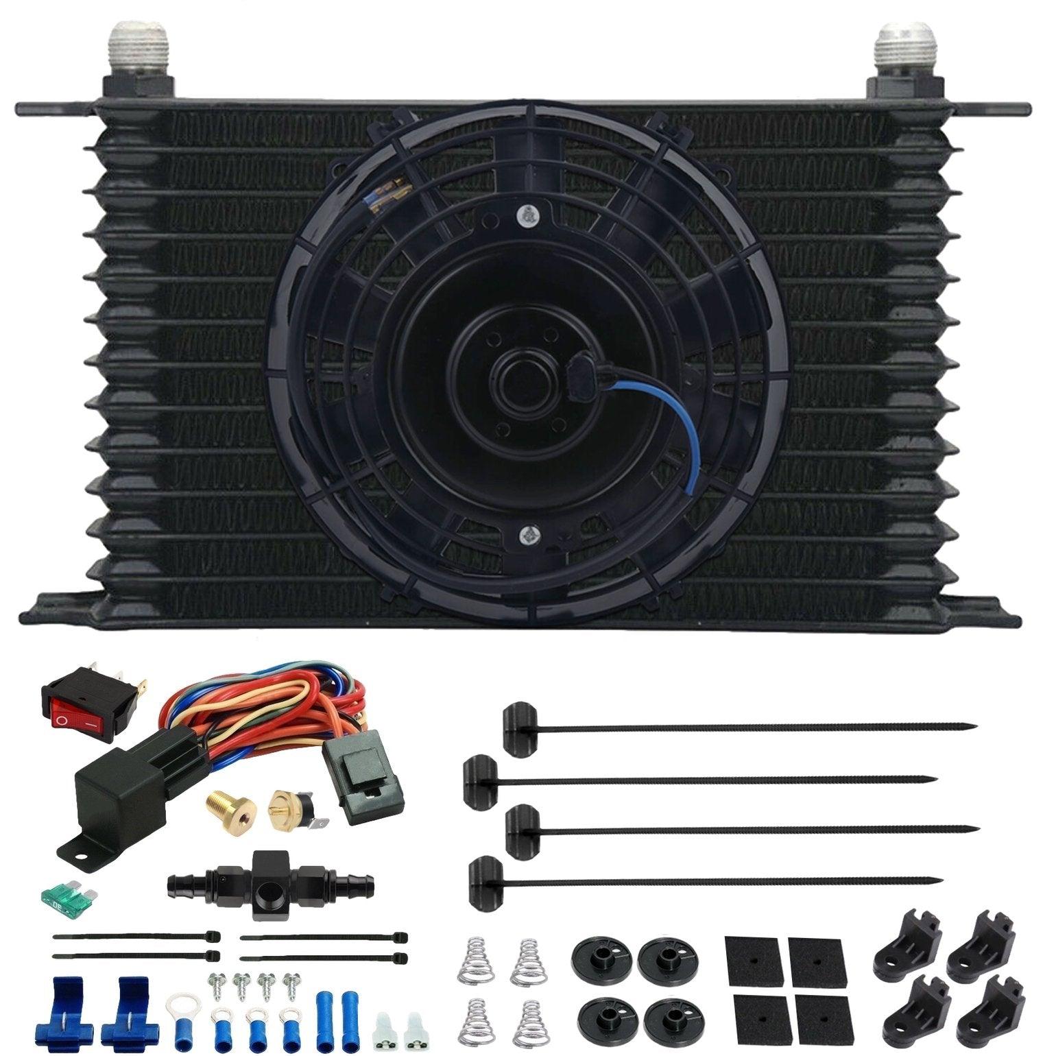 13 Row Transmission Oil Cooler with Electric Fan - 6 & 10AN Hose Line & Thermostat Switch - Perfect for High-Performance Vehicles & Heavy-Duty Towing