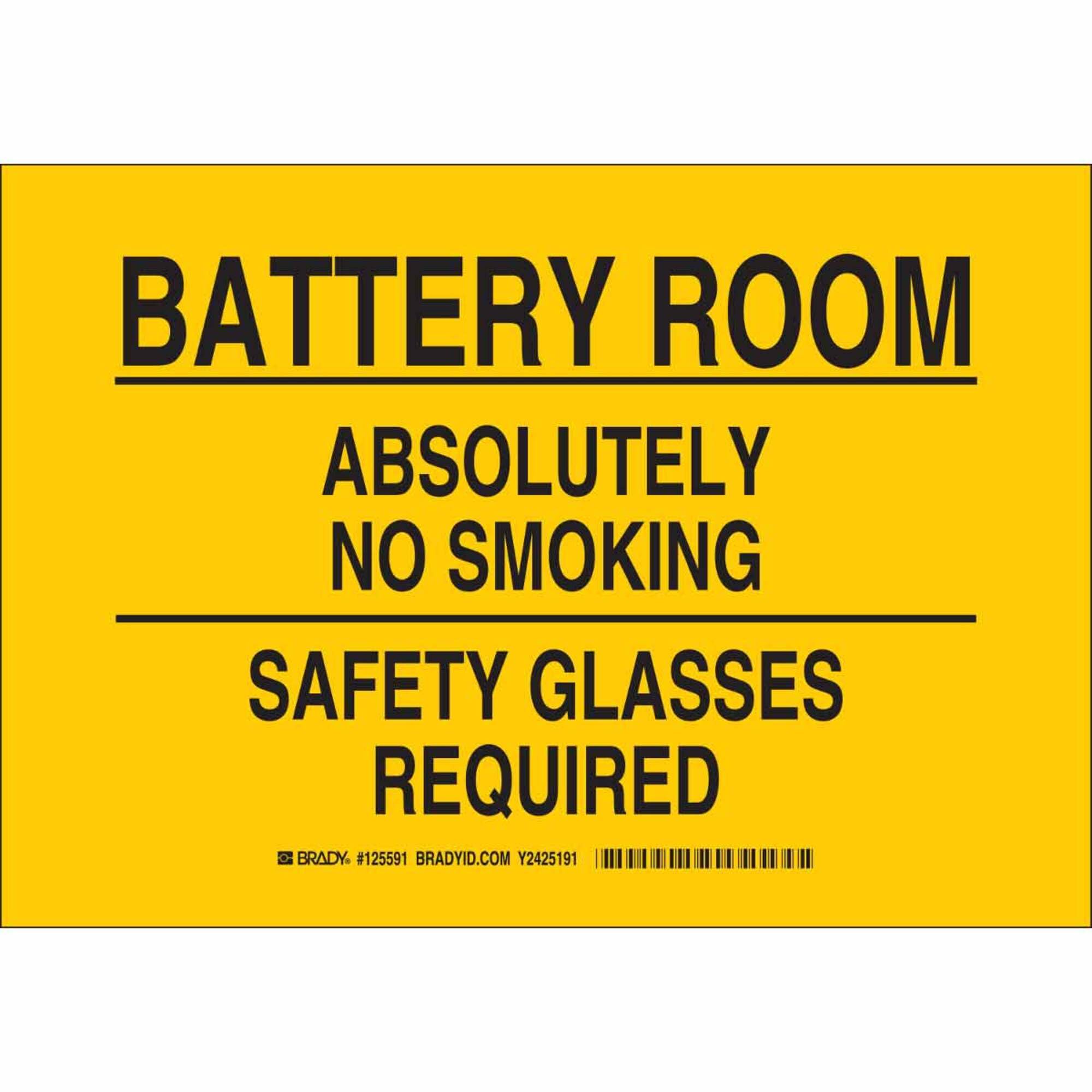 Brady 125594 Chemical and Hazard Warning Sign - 'Battery Room Absolutely No Smoking Safety Glasses Required' - 10