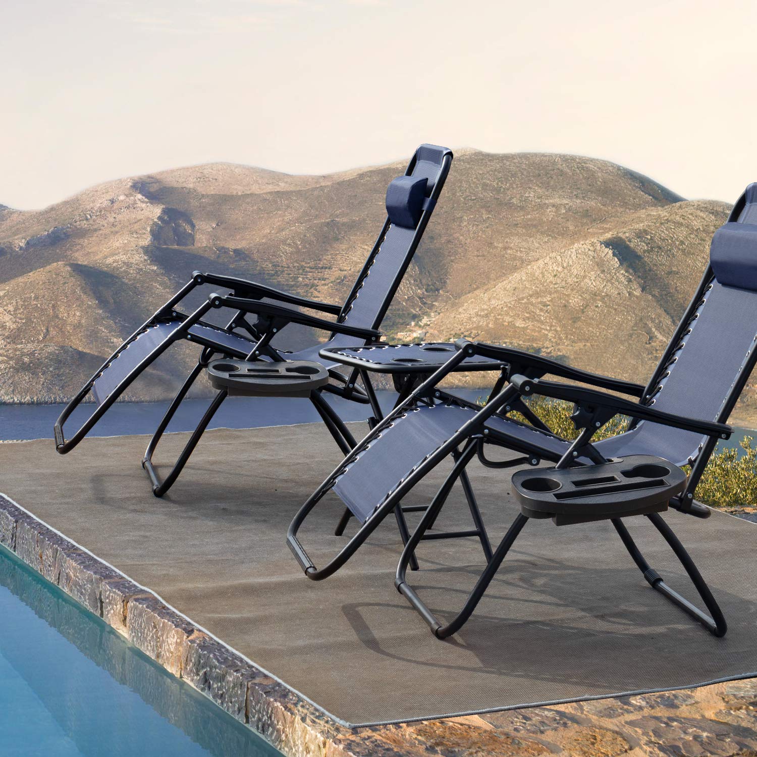 **Devoko Zero Gravity Chair - Outdoor Folding Recliner with Side Table & Pillow - Perfect for Poolside, Patio, Lawn, and Backyard Relaxation (Deep Blue)**