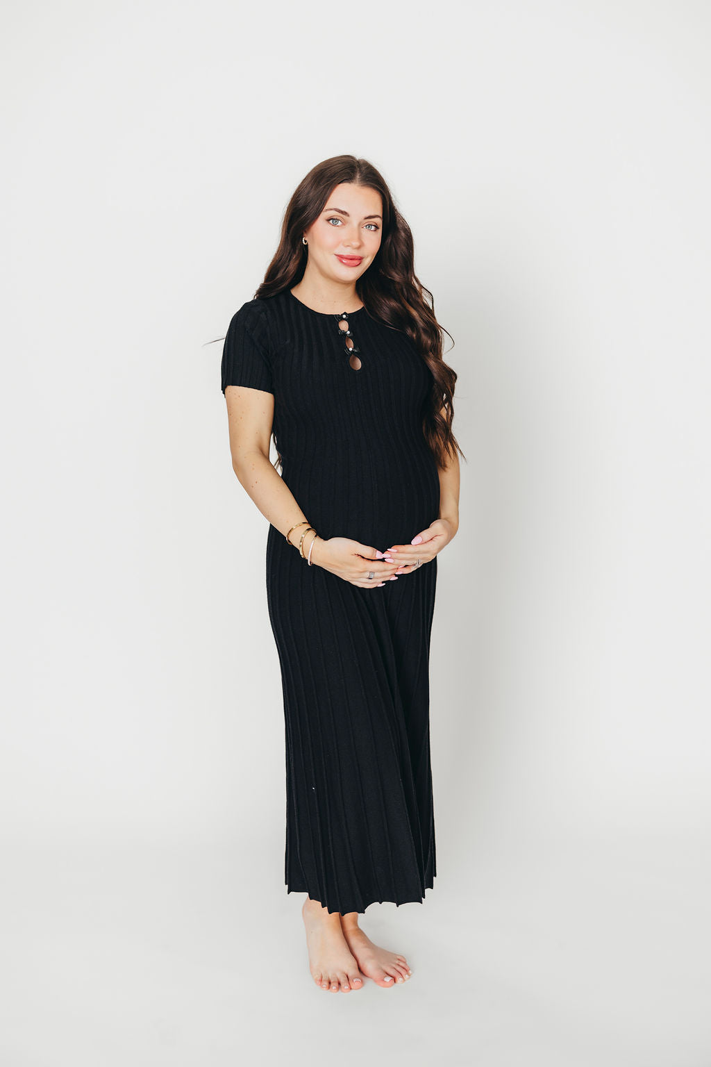 Winnie Front Bow Button Knit Midi Dress in Black | Bump Friendly Maternity Dress | Perfect for Pregnancy, Nursing & Special Occasions