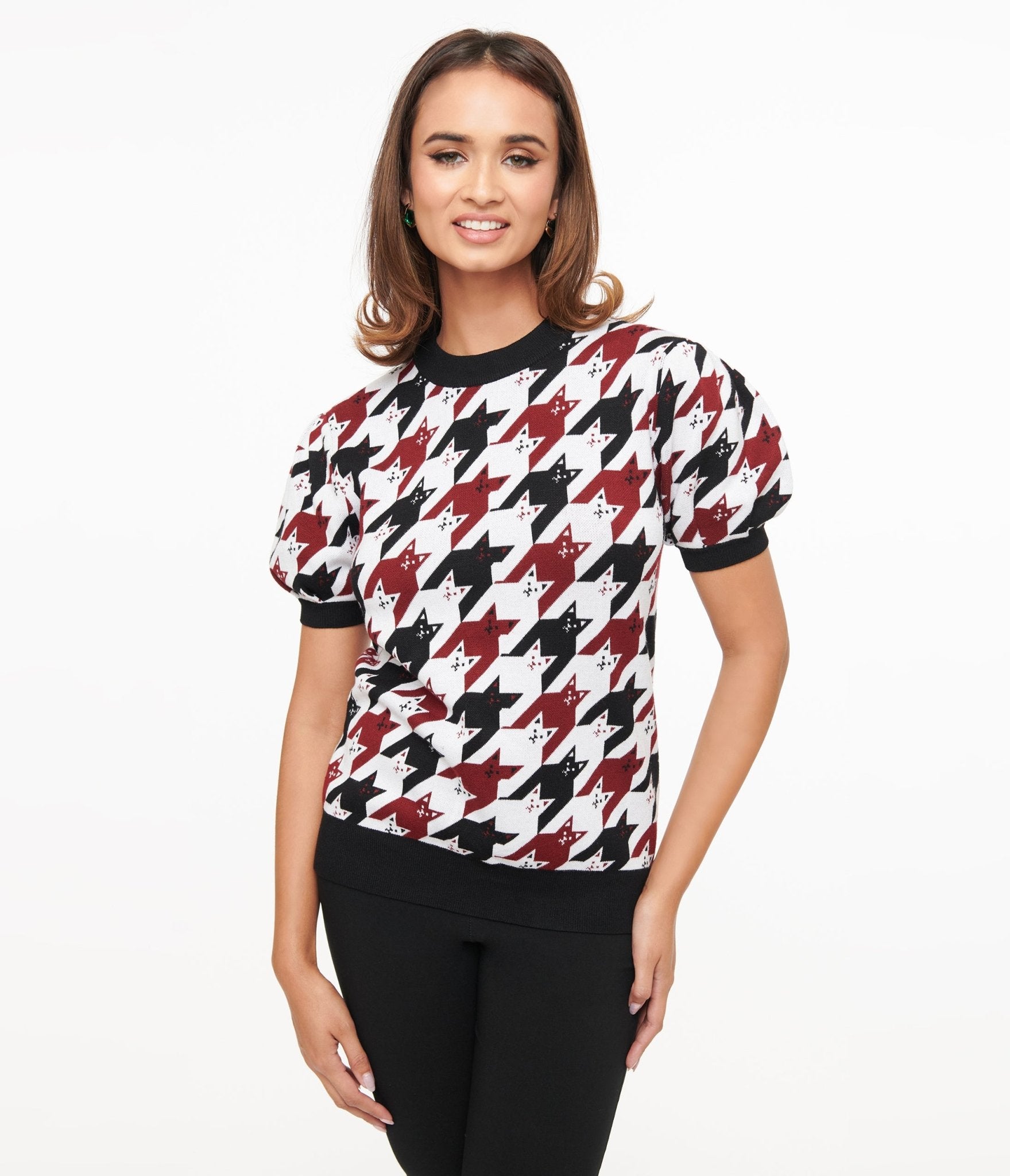 Vintage Burgundy & Black Cat Houndstooth Sweater - Women's Retro Knit Pullover for Fall & Winter Fashion | Perfect for Holiday Parties, Office Wear & Cozy Weekends