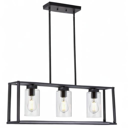 VINLUZ 3-Light Black Modern Chandelier - Contemporary Linear Pendant Light for Dining Room, Kitchen Island, Farmhouse | Glass Shade Hanging Fixture | Perfect for Home Decor, Restaurant Lighting & Interior Design