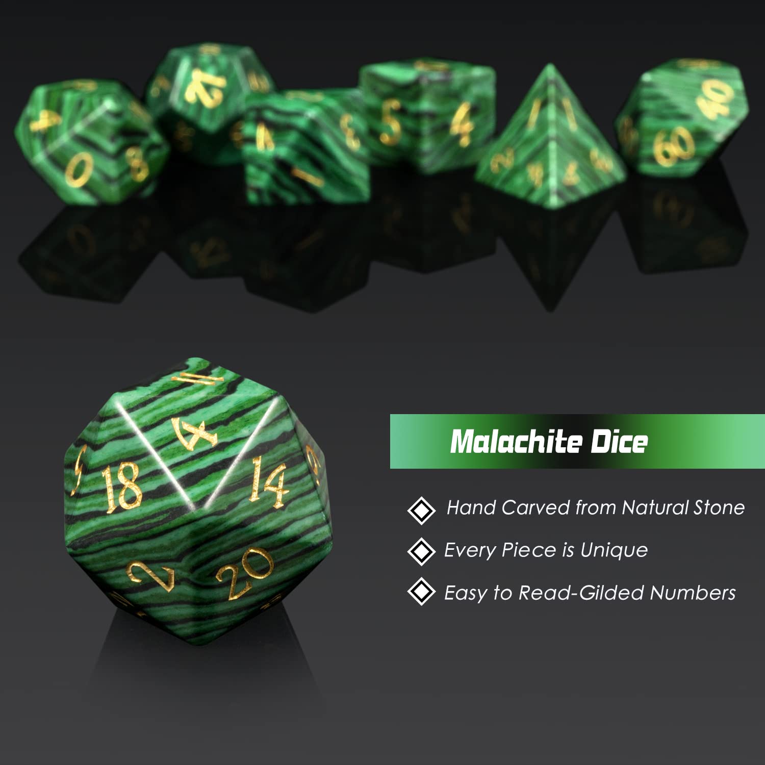 Premium Malachite Gemstone DND Dice Set - 7-Piece Polyhedral RPG Dice with Elegant Gift Box for Dungeons & Dragons, Pathfinder & Tabletop Roleplaying Games - Perfect for Gifts, Collectors & Fantasy Game Nights