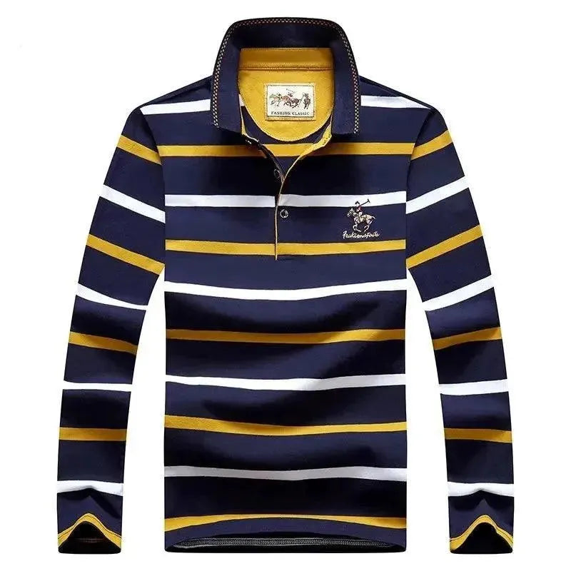 Men's Striped Polo Shirt - 100% Cotton Long Sleeve Casual Shirt for Business, Golf & Everyday Wear