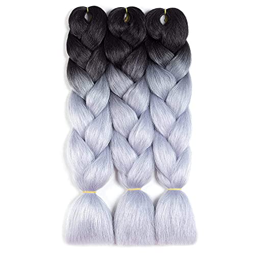 RN BEAUTY Ombre Synthetic Braiding Hair 3 Bundles - Afro Jumbo Braids Hair Extensions | Heat Resistant Fiber for Twist & Crochet Weave | 24 Inch 2-Tone Black/Silver Grey | Perfect for Protective Styles & Fashion Hairstyles