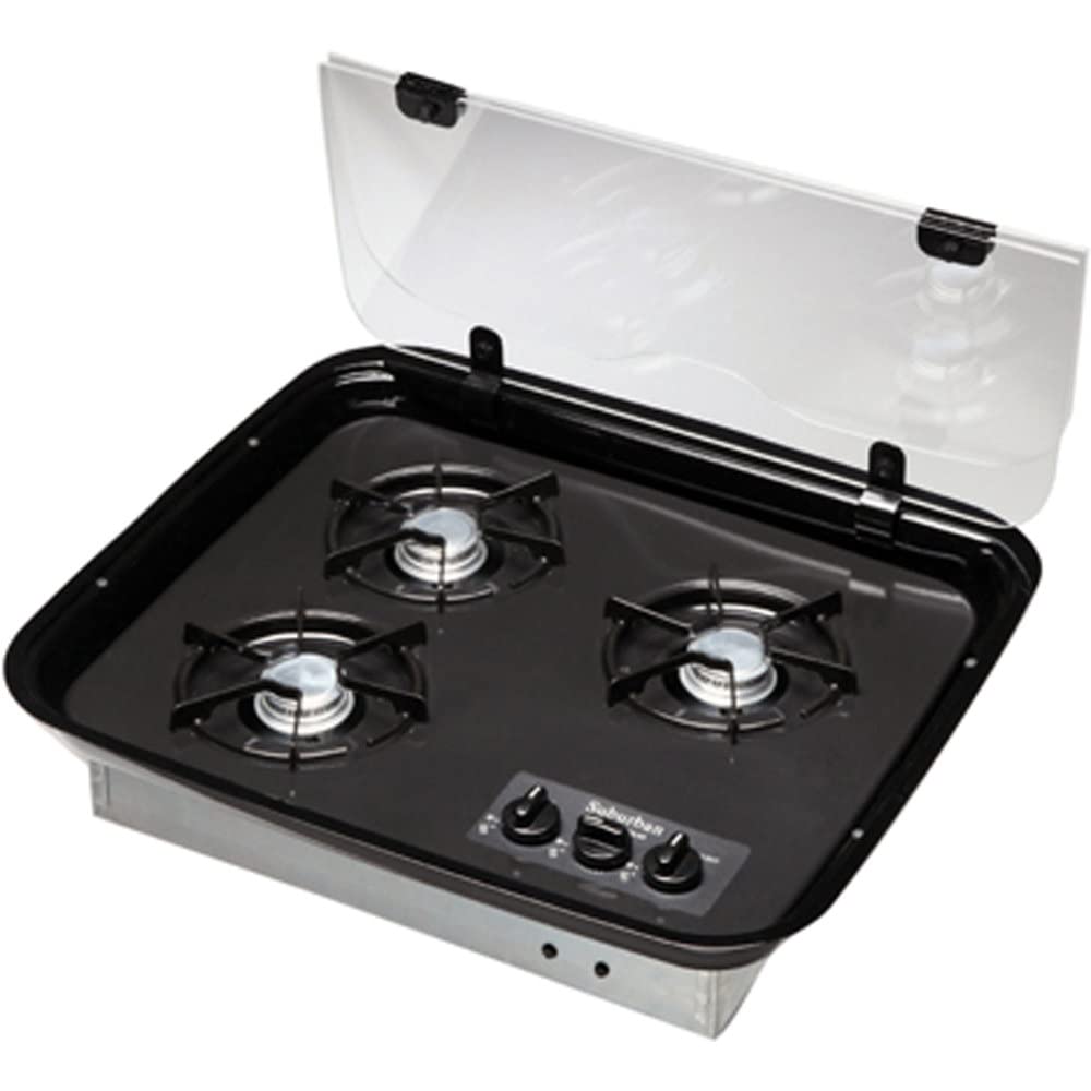 Suburban 2990A 3-Burner Black Glass Cooktop Cover - Durable Stovetop Protector for Gas & Electric Ranges - Perfect for Kitchen, RV & Camping Use