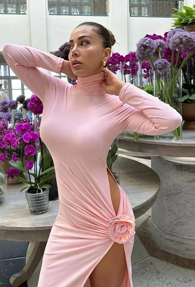 Elegant Pink 3D Floral Applique Ruched High-Slit Long Party Dress for Women - Autumn 2024 Fashion, Sexy Evening Gown for Prom, Wedding, Cocktail & Special Occasions