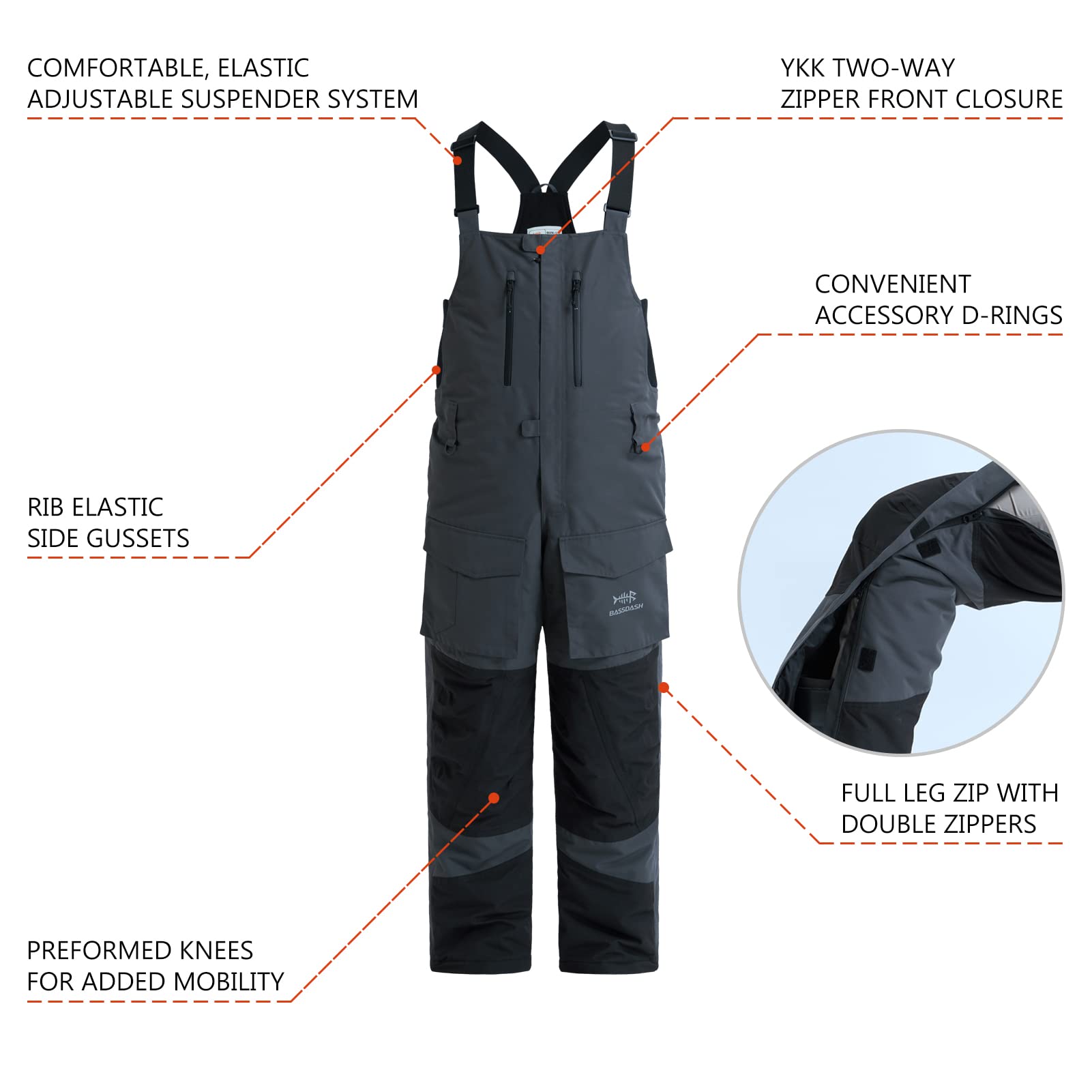 BASSDASH Men's Insulated Waterproof Fishing & Hunting Bib Overalls - Ripstop Breathable Snow Pants for Outdoor Winter Activities, Ice Fishing & Cold Weather Work