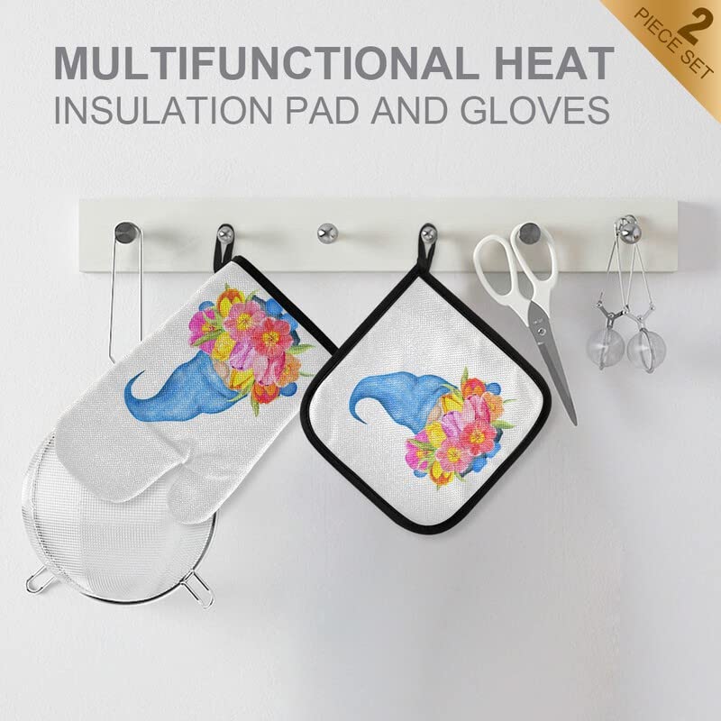Mother's Day Tulips Gnome Oven Mitts & Pot Holders Set - 2PCS Heat Resistant Kitchen Gloves with Soft Cotton Lining - Non-Slip Baking, Cooking & BBQ Accessories for Spring Summer Floral Decor