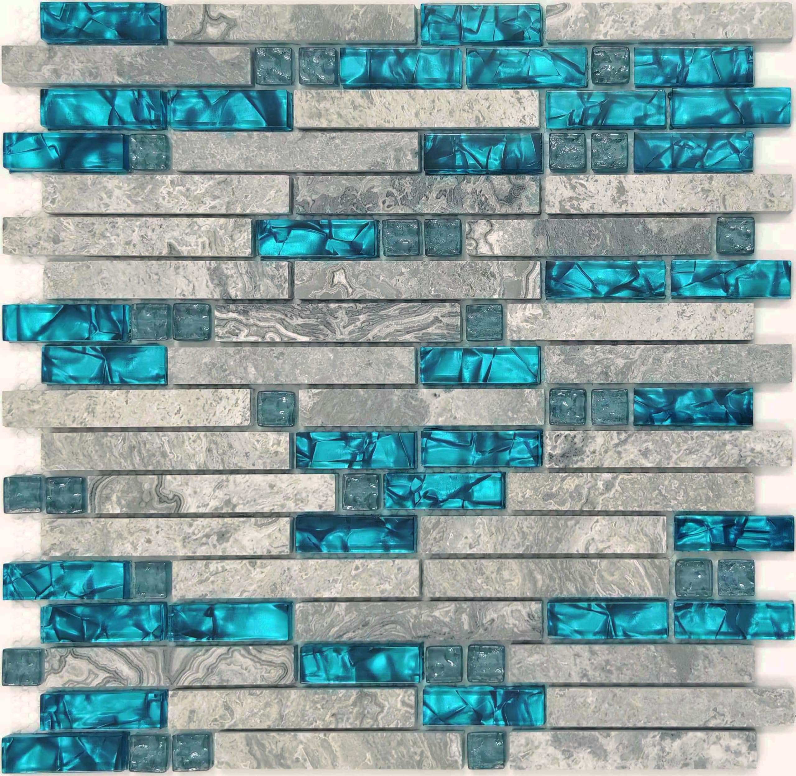 Teal Blue Crystal Glass and Gray Polished Marble Linear Mosaic Tile - 11 Sq Ft Interlocking Bathroom Wall Tiles, Kitchen Backsplash, Fireplace Decor for Modern Home Renovation
