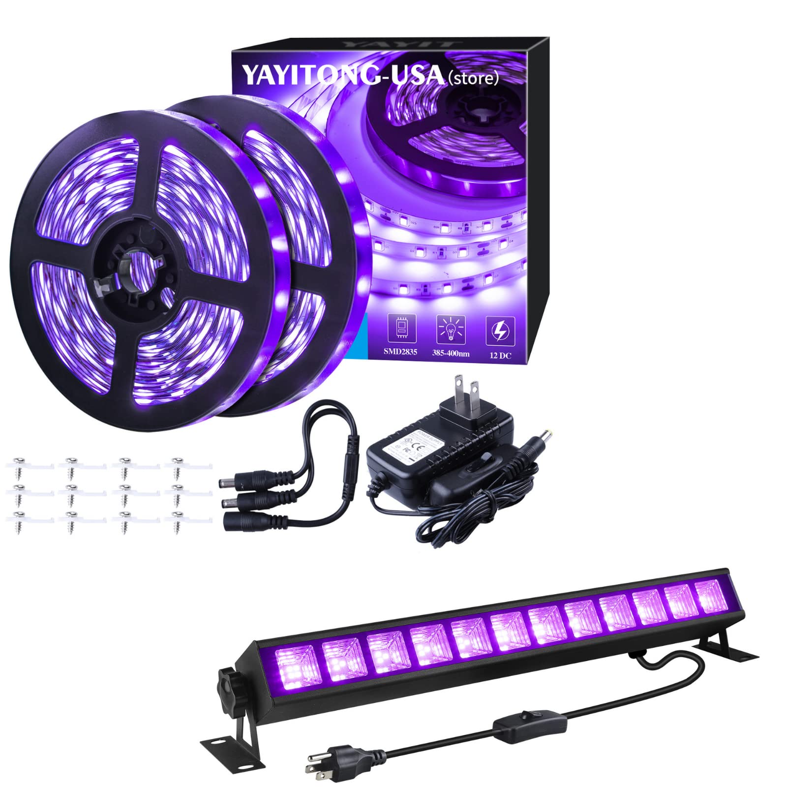 YIAYETOG 40ft Black Light Strip Kit with 40W LED Black Light Bar - Perfect for UV Glow Parties, Halloween Decor, and Neon Art Projects