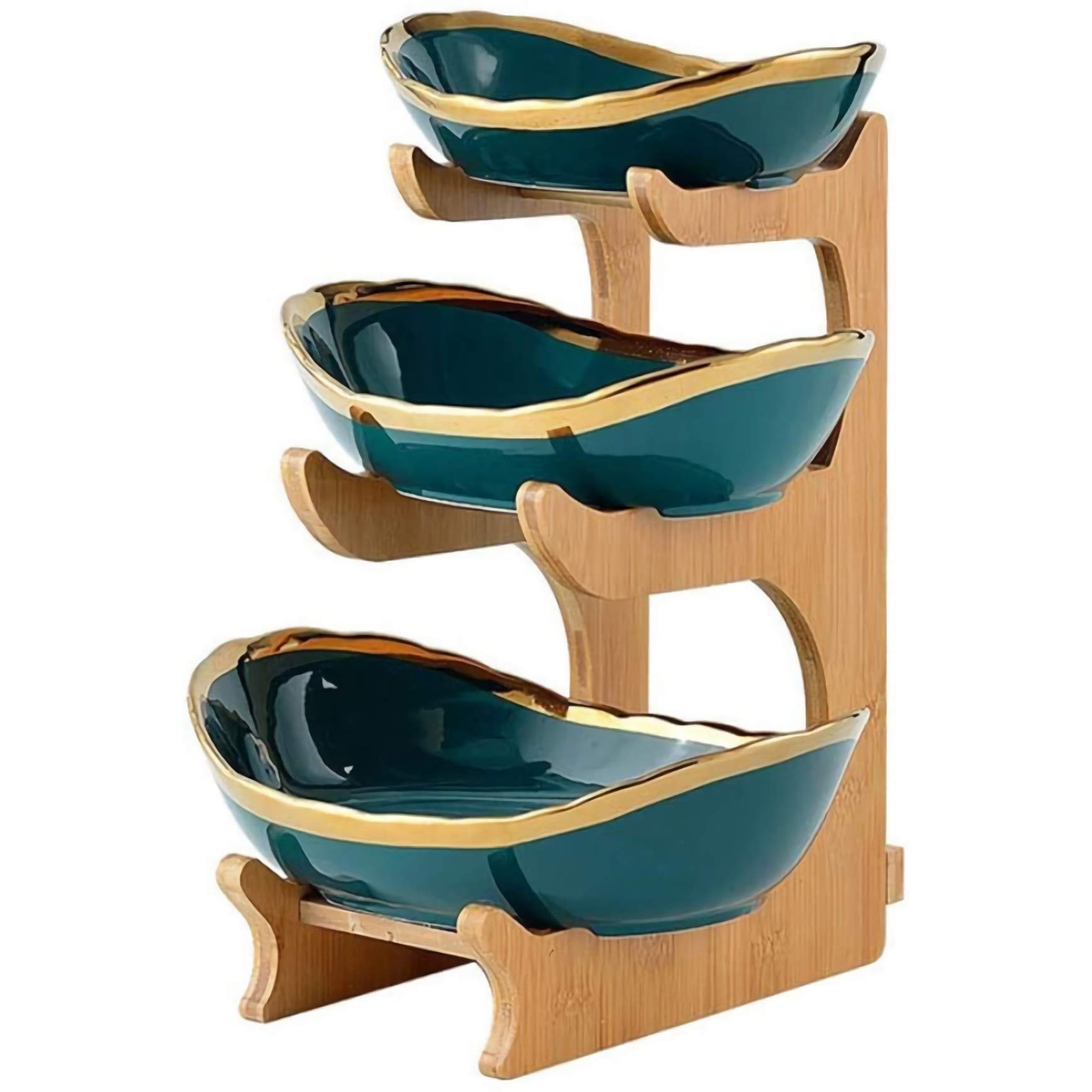 3 Tier Ceramic Fruit Basket Stand with Bamboo Base - Elegant Fruit Bowl for Displaying Fruits, Bread, Vegetables & Snacks | Perfect for Kitchen, Dining Table, Party, Wedding & Birthday Decorations