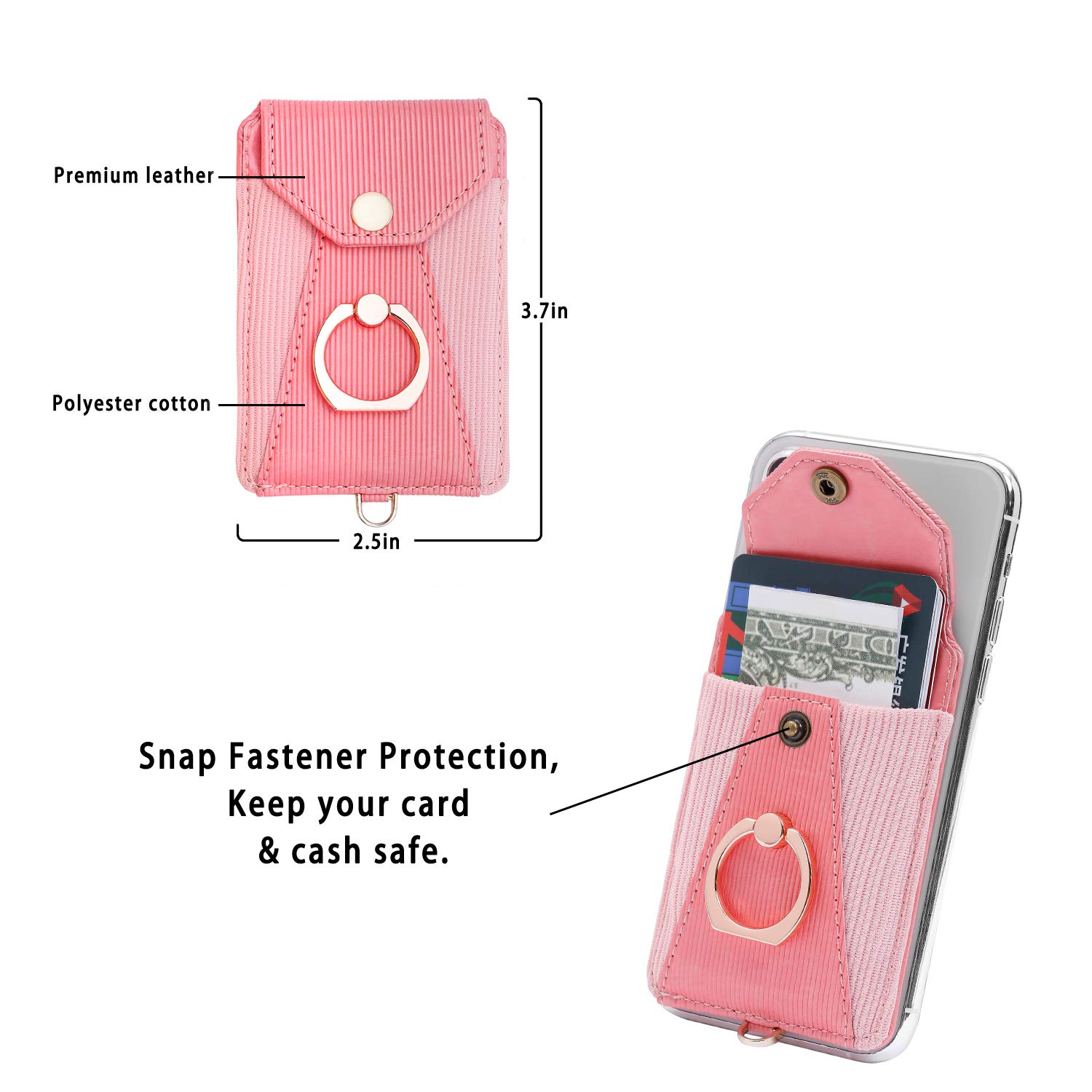 Pink Adhesive Stick-on Cell Phone Card Holder with Ring Grip Stand & Detachable Neck Strap - Wallet Pocket for Credit Cards, ID & Cash - Perfect for Hands-Free Shopping, Travel & Daily Commute
