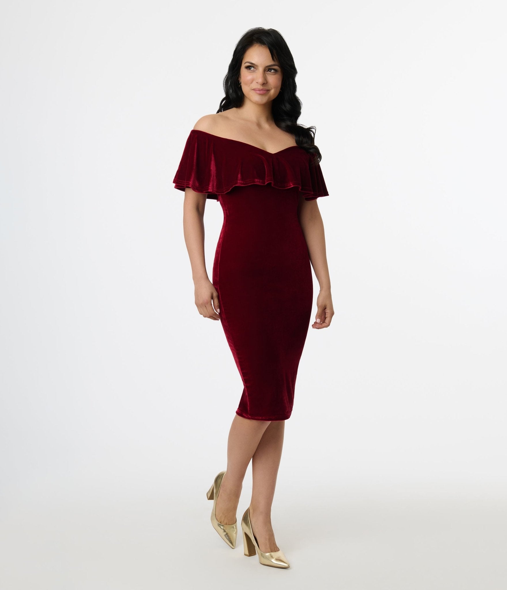 Vintage 1950s Burgundy Red Velvet Sophia Wiggle Dress - Retro Pin Up Style Cocktail Party & Swing Dance Outfit