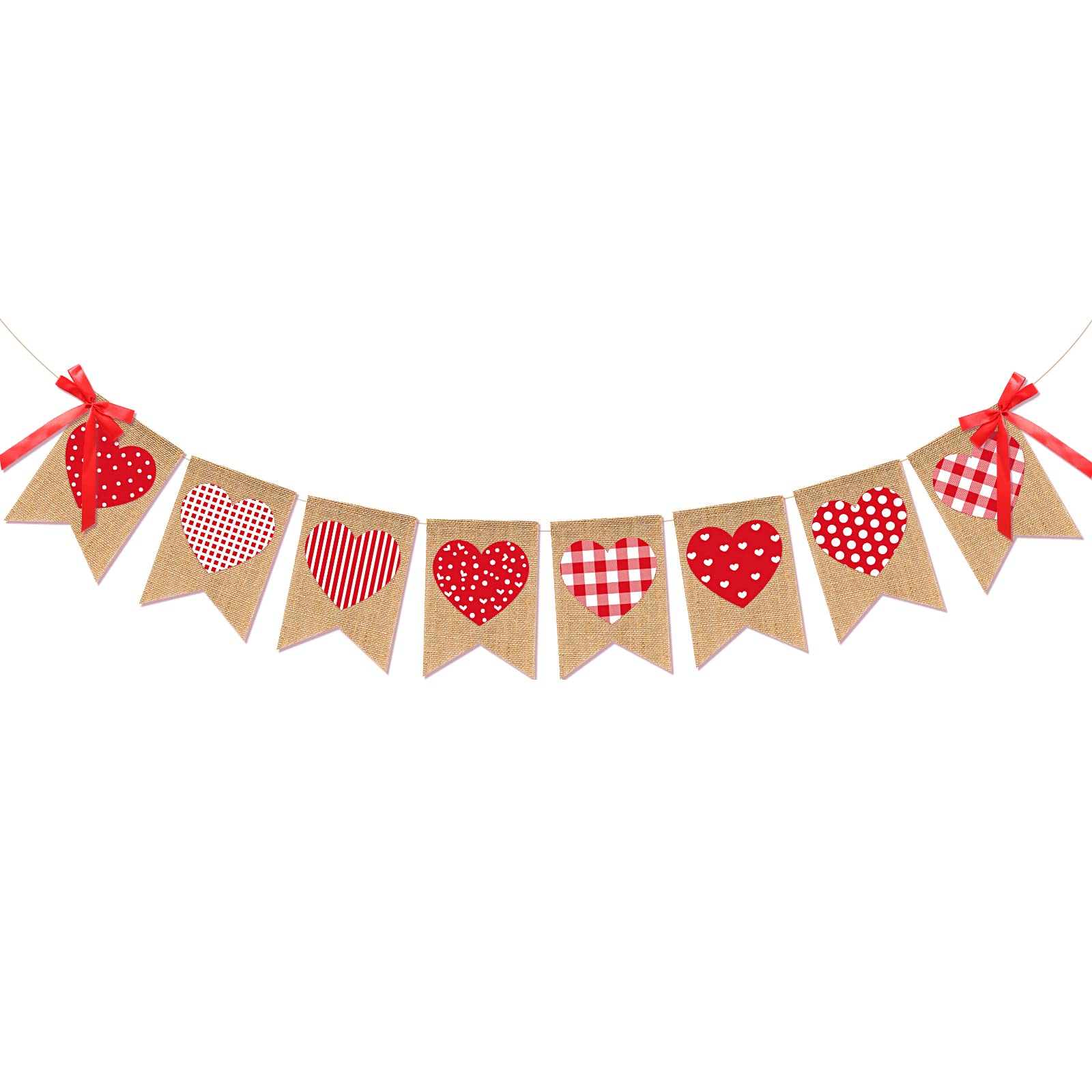 Valentine's Day Burlap Red Heart Banner Garland - Romantic Rustic Decor with Bows for Wedding, Anniversary, Birthday Party | Perfect for Home, Garden & Event Decorations