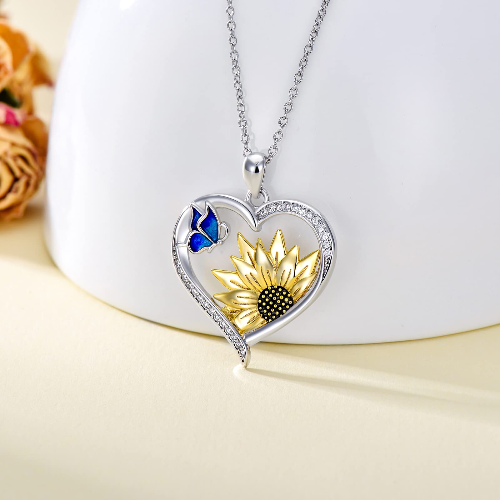 Blue Butterfly Sunflower Teardrop Necklace - Sterling Silver Floral Pendant Jewelry for Women - Perfect for Weddings, Anniversaries & Everyday Elegance