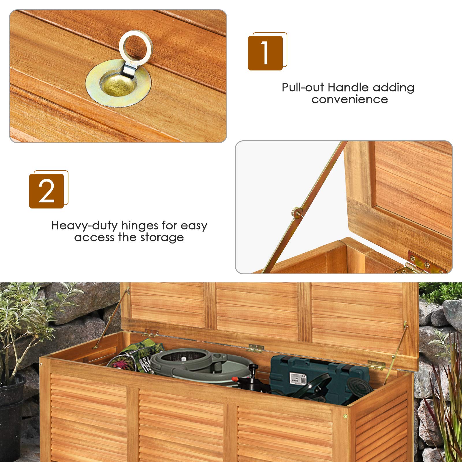 HAPPYGRILL 46 Gallon Acacia Wood Deck Box - Outdoor Storage Container for Garden Tools, Patio Furniture, Cushions & Pool Accessories - Weatherproof Deck Box for Backyard, Garage & Poolside Organization