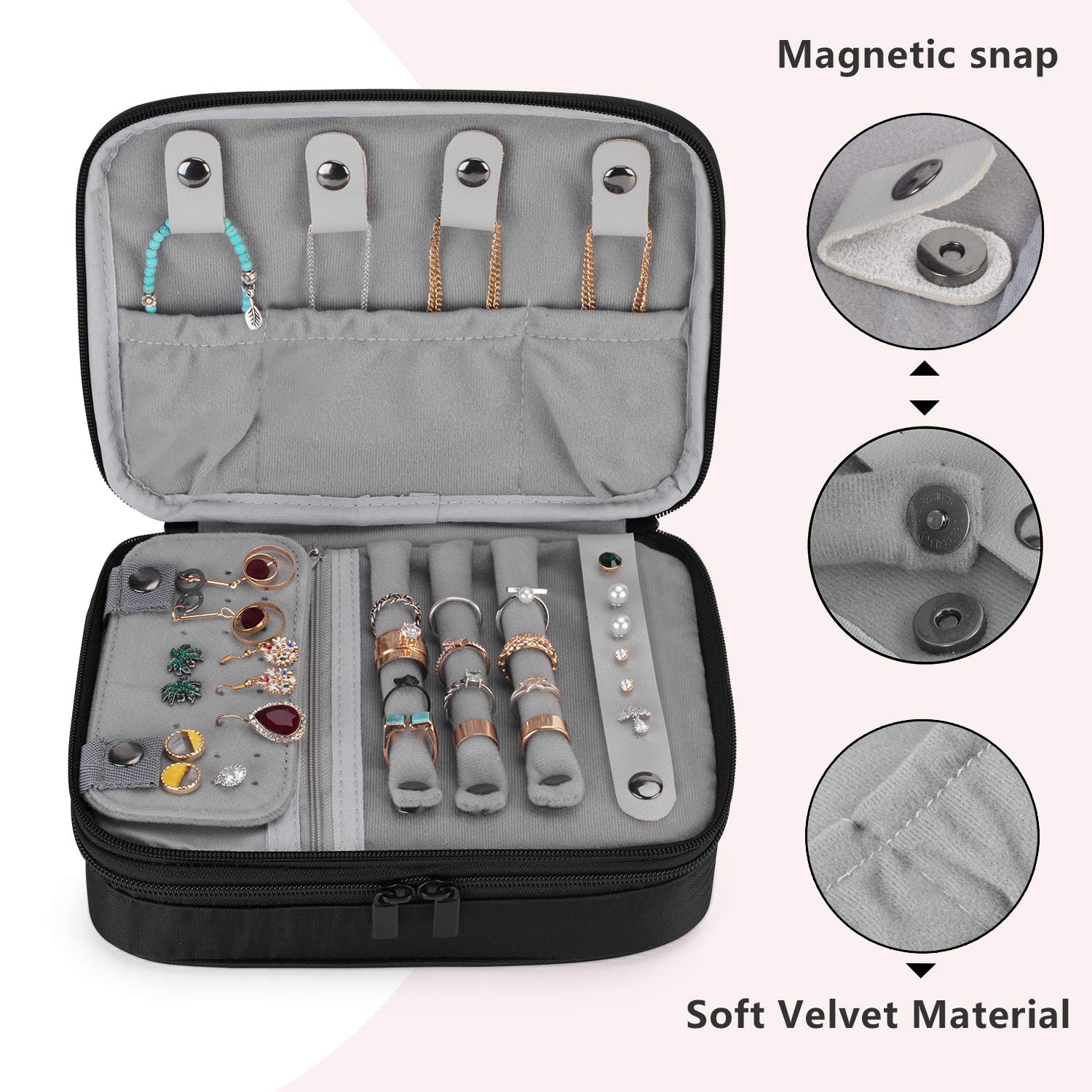 Teamoy Travel Jewelry Organizer Case - Compact High Capacity Storage Bag for Necklaces, Earrings, Rings & Watches | Perfect for Travel, Vacation & Daily Organization (Black)