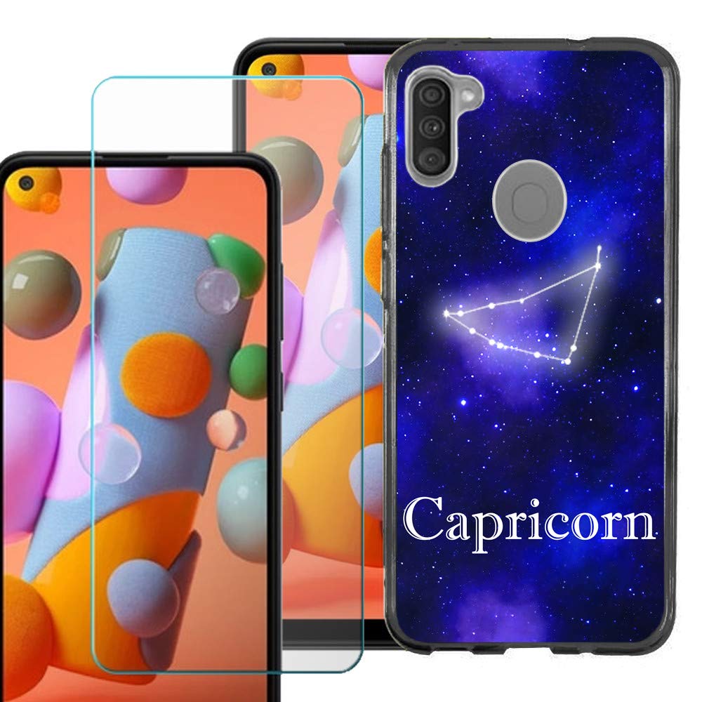 OneToughShield Slim-Fit TPU Phone Case for Samsung Galaxy A11 - Black | Includes Tempered Glass Screen Protector | Zodiac Capricorn Design | Durable Protection for Everyday Use & Travel