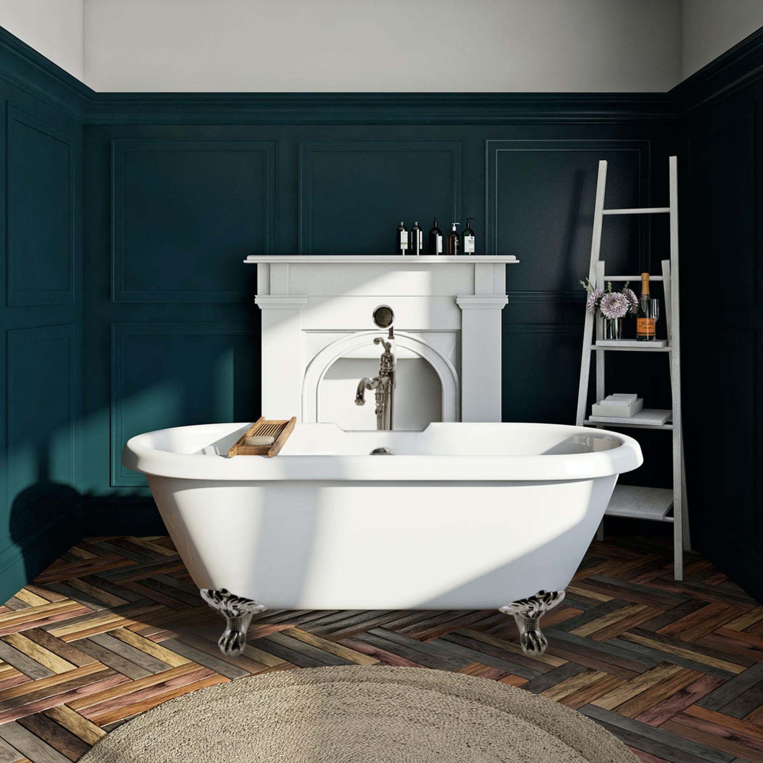 67 Inch Acrylic Oval Double Ended Clawfoot Bathtub - Glossy White with Brushed Nickel Feet - Freestanding Soaking Tub for Spa-Like Relaxation in Bathroom or Master Suite