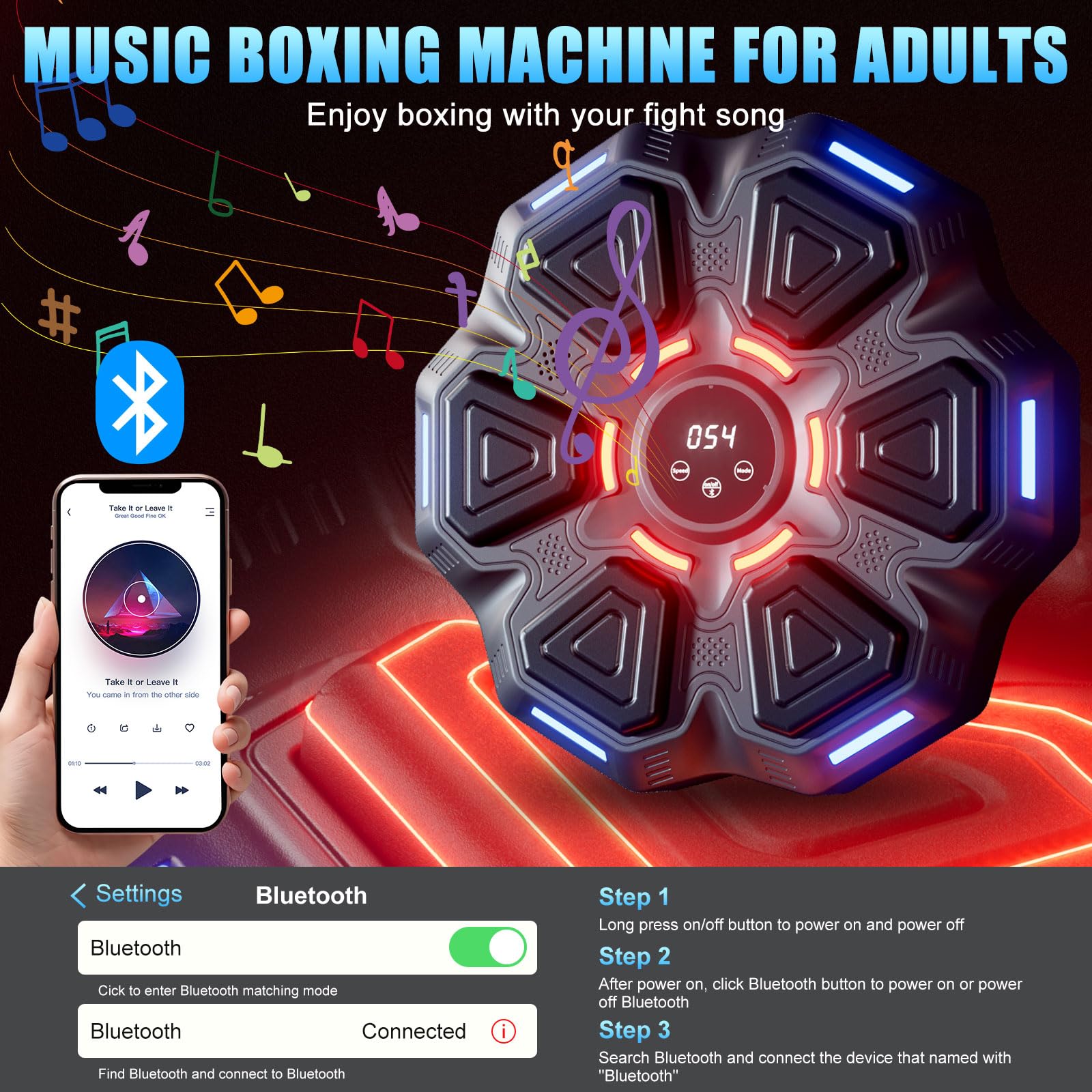 Music Boxing Machine with Gloves - Punching Bag with Wall Mount Pad for Adults, Kids & Women - Fun Home Gym Equipment for Stress Relief & Fitness Training