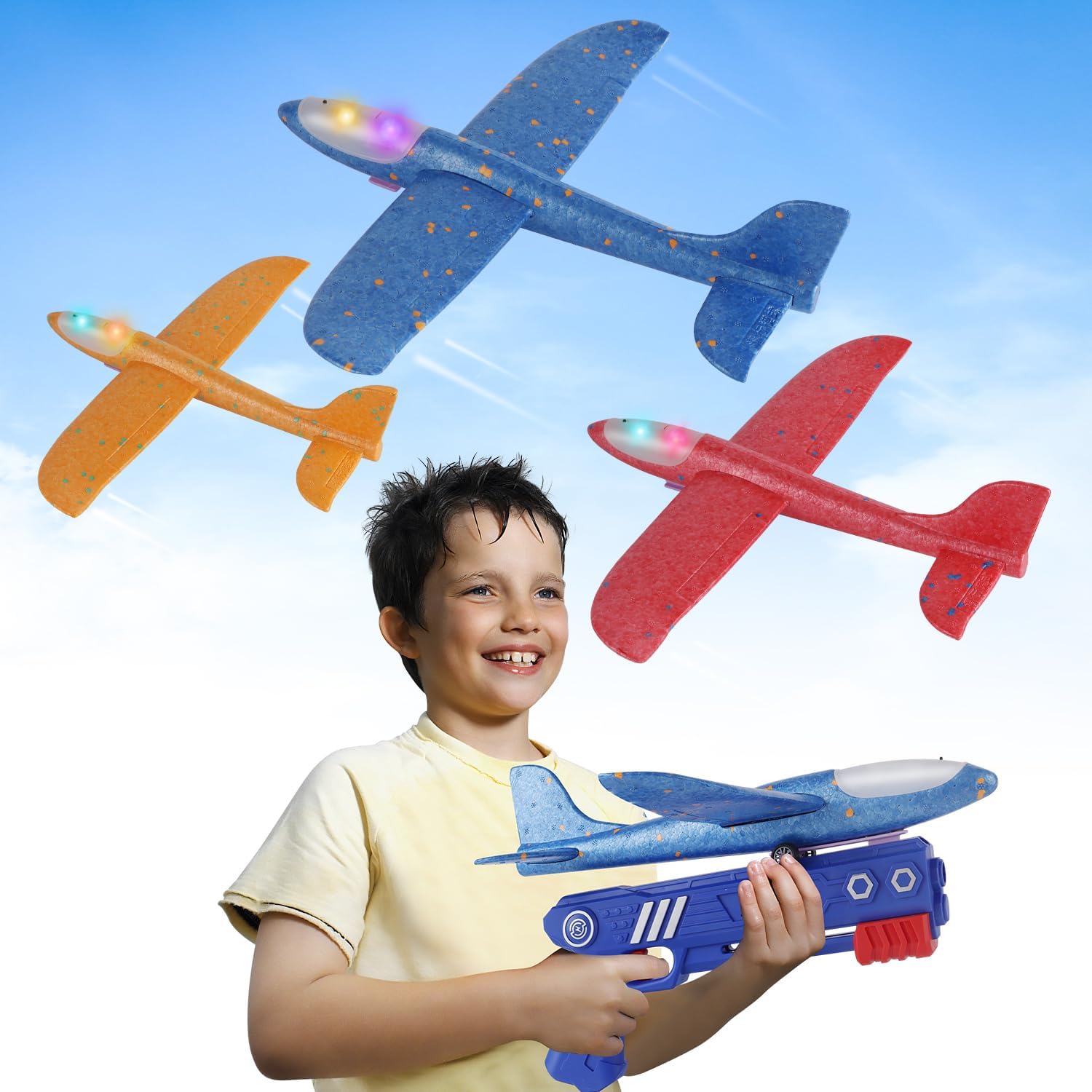 3 Pack LED Foam Glider Catapult Plane Toys - 2 Flight Modes Airplane Launcher for Kids Ages 3-12 | Outdoor Flying Toys for Boys & Girls | Birthday Gifts, Backyard Games, Park Activities (3 Colors)