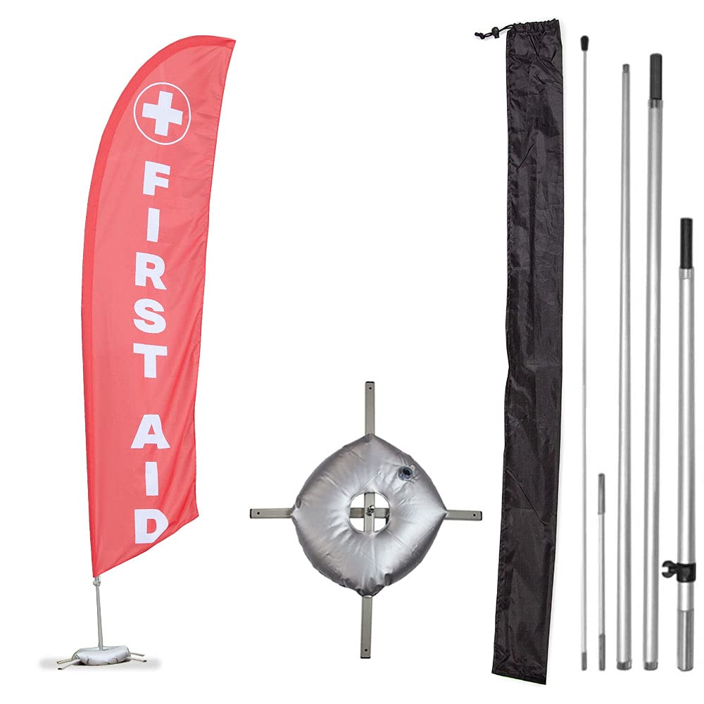 Vispronet Premium First Aid Feather Flag Kit - 13ft Aviation Grade Fiberglass Poles, First Aid Flag, Cross Base, Weight & Pole Sleeve Bags - Perfect for Medical Emergencies, Hospitals, Clinics & Public Safety Awareness