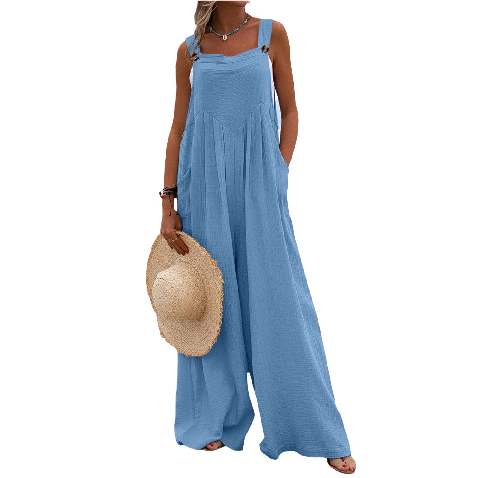 **Plus Size Women's Overalls - Casual Baggy Jumpsuit with Pockets, Long Bib & Wide Leg - Solid Color Playsuit for Work, Outdoors & Everyday Wear**