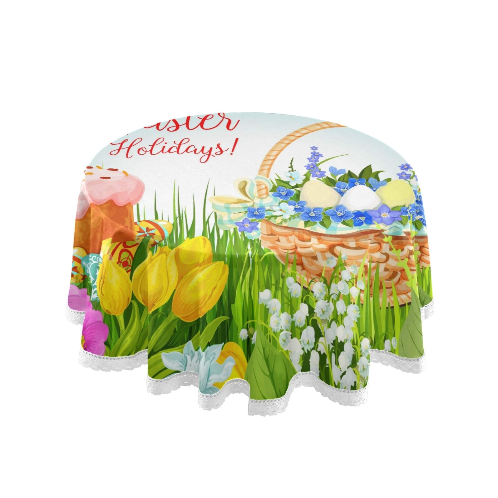 Happy Easter Eggs Cake Round Tablecloth - 60 Inch Spring Floral Green Washable Polyester Table Cover for Kitchen, Party, Picnic & Dining Decor | Perfect for Easter Celebrations, Garden Parties & Holiday Gatherings