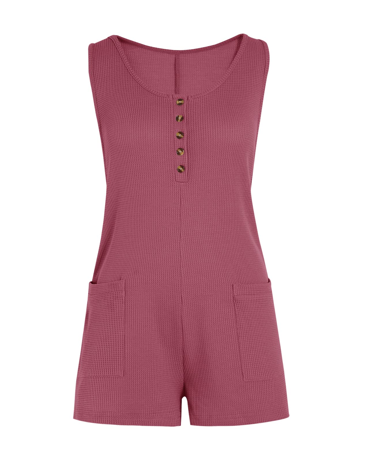 Women's Sleeveless Romper Jumpsuit - Button Down Waffle Fabric Summer Outfit for Vacation, Beach & Casual Wear