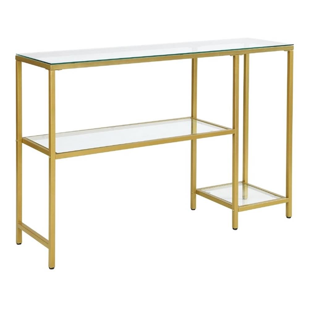 BOWERY HILL Gold Glass Console Table with Shelves - Modern Entryway, Living Room & Hallway Decor