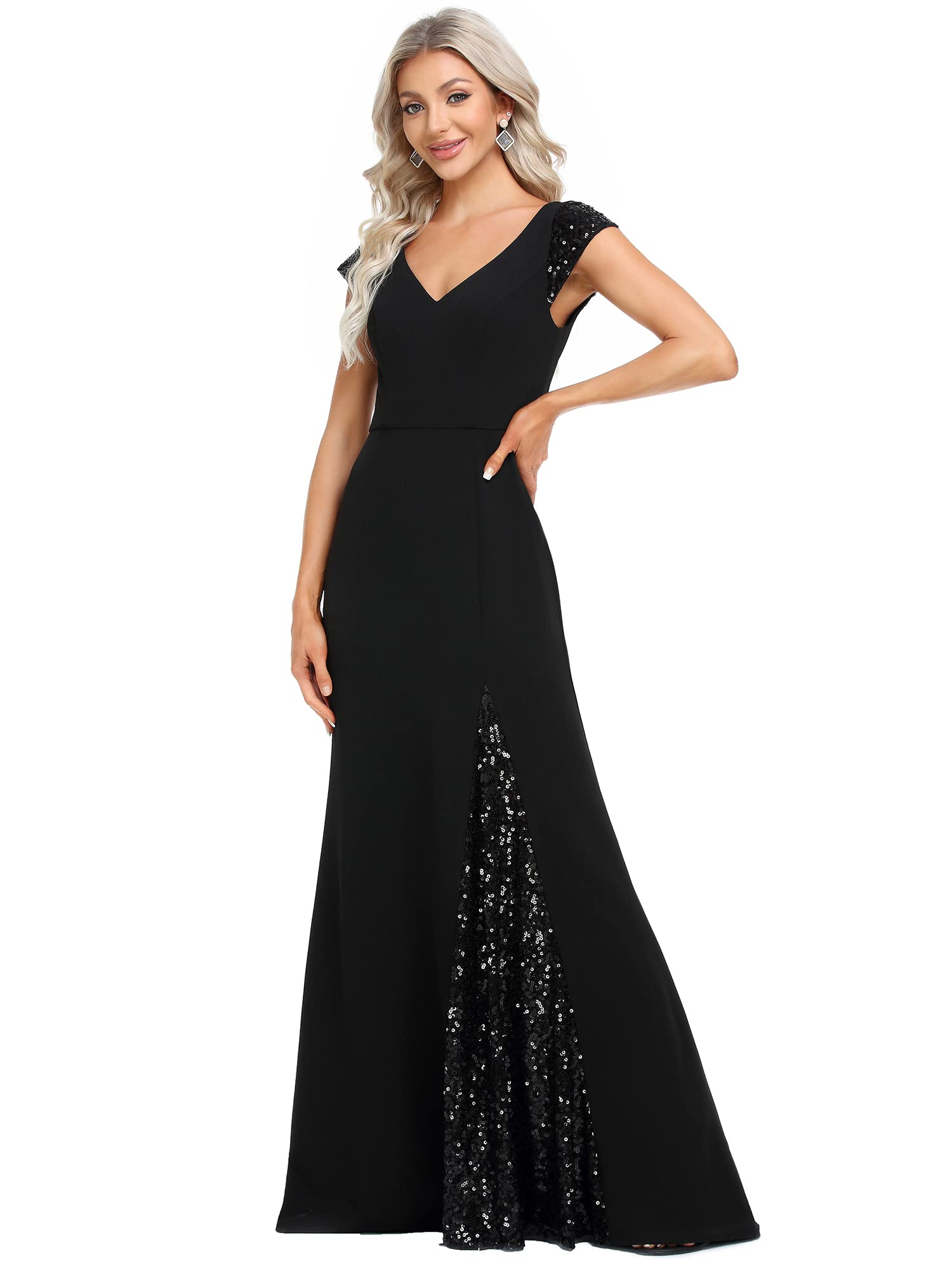 Ever-Pretty Women's V-Neck Sequin Mermaid Evening Gown with Cap Sleeves - Floor Length Formal Dress for Prom, Wedding, Gala & Special Occasions