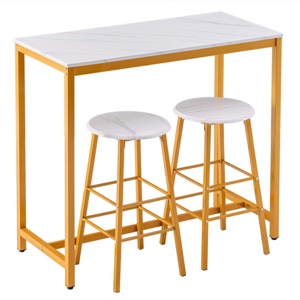 White PVC Marble Round Bar Table Set with Golden Paint - 100x45x92cm (1 Table + 2 Stools) for Kitchen Island, Breakfast Nook & Home Bar Decor