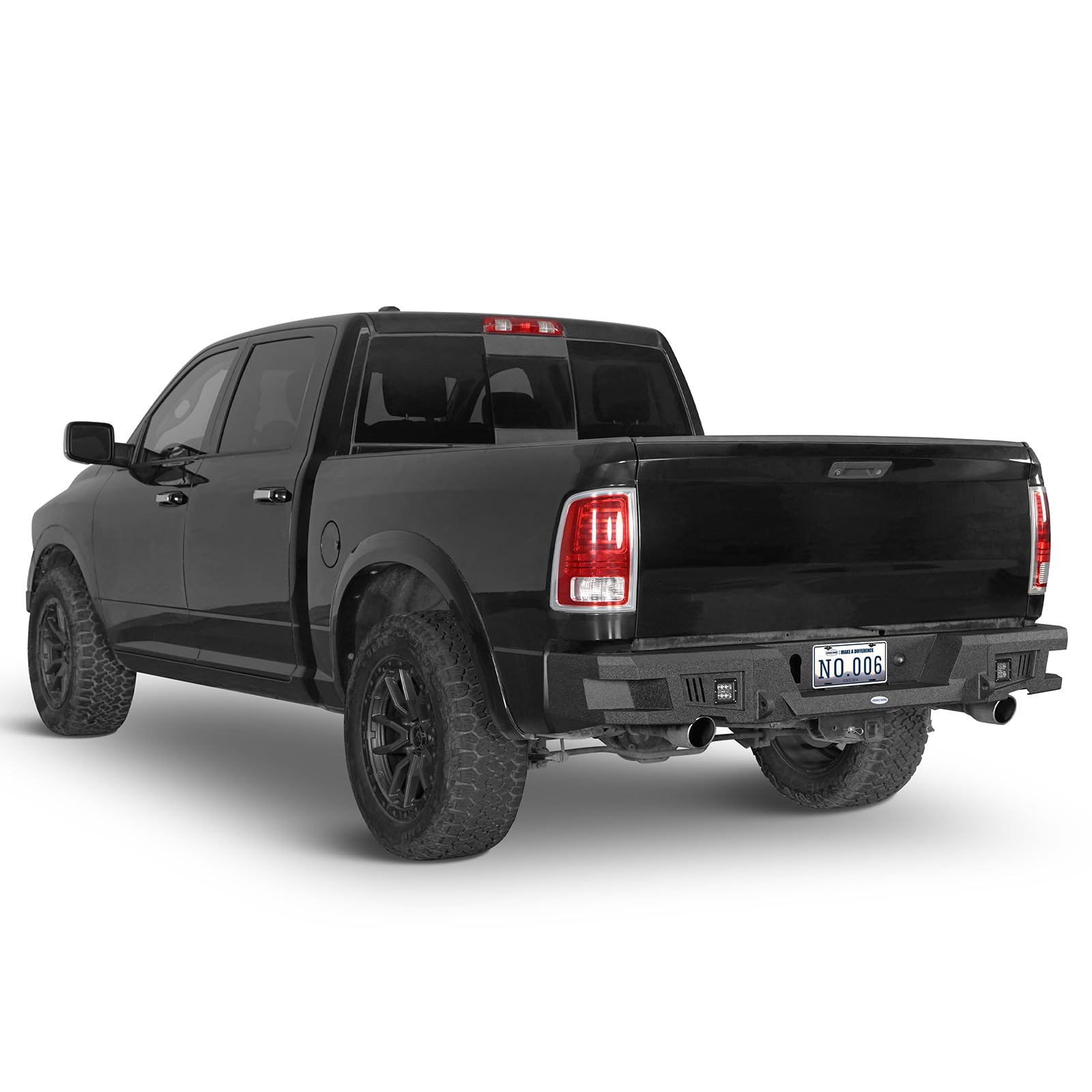 Hooke Road Heavy Duty Rear Bumper with D-Ring Mount & LED Lights for 2009-2018 Dodge Ram 1500 Pickup Truck - Offroad Step Bumper for Enhanced Safety and Towing - Perfect for Off-Roading, Camping & Work Sites