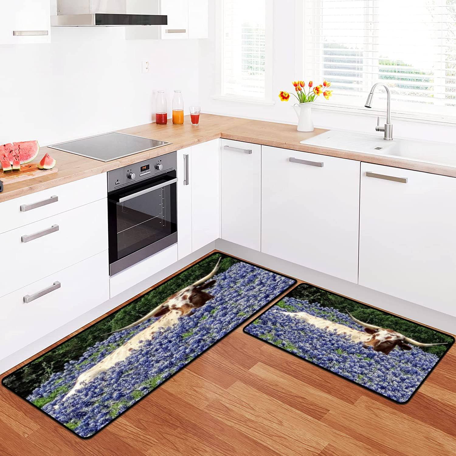 Non-Slip Washable Kitchen Rugs Set - Longhorn in The Bluebonnets Texas Design, Anti-Fatigue Floor Mats for Standing Comfort, Kitchen Runner & Bath Rug Decor - Perfect for Home, Office, and High-Traffic Areas