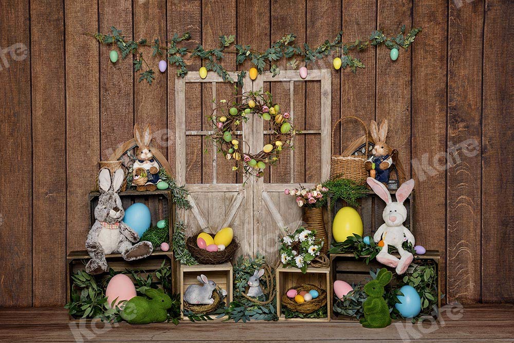 10×6.5ft Easter Photography Backdrop - Dark Wood Door Design with Bunny Rabbit Spring Scene - Happy Easter Photo Studio Background Fabric for Easter Party Decorations & Family Photo Shoots