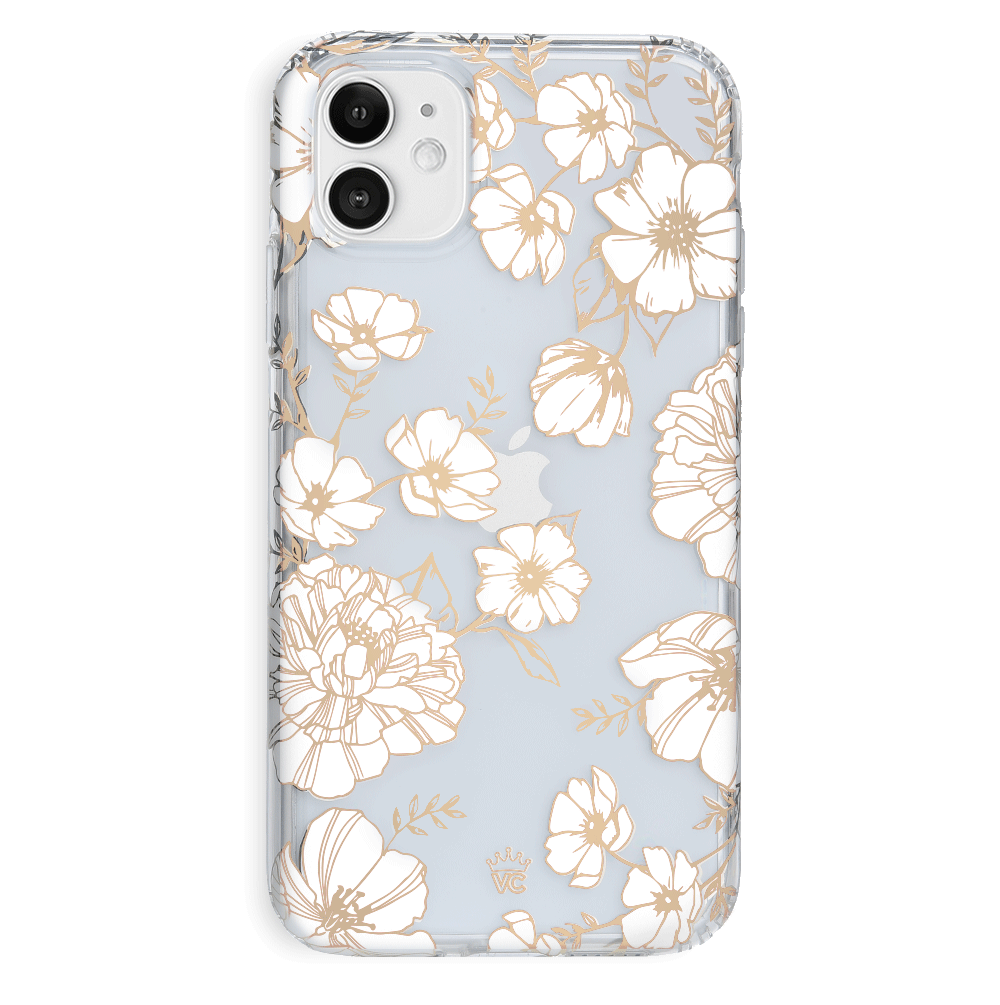 Elegant White & Gold Floral Transparent iPhone Case - Slim Protective Cover for iPhone 12/13/14/15 - Perfect for Everyday Use, Office & Special Occasions
