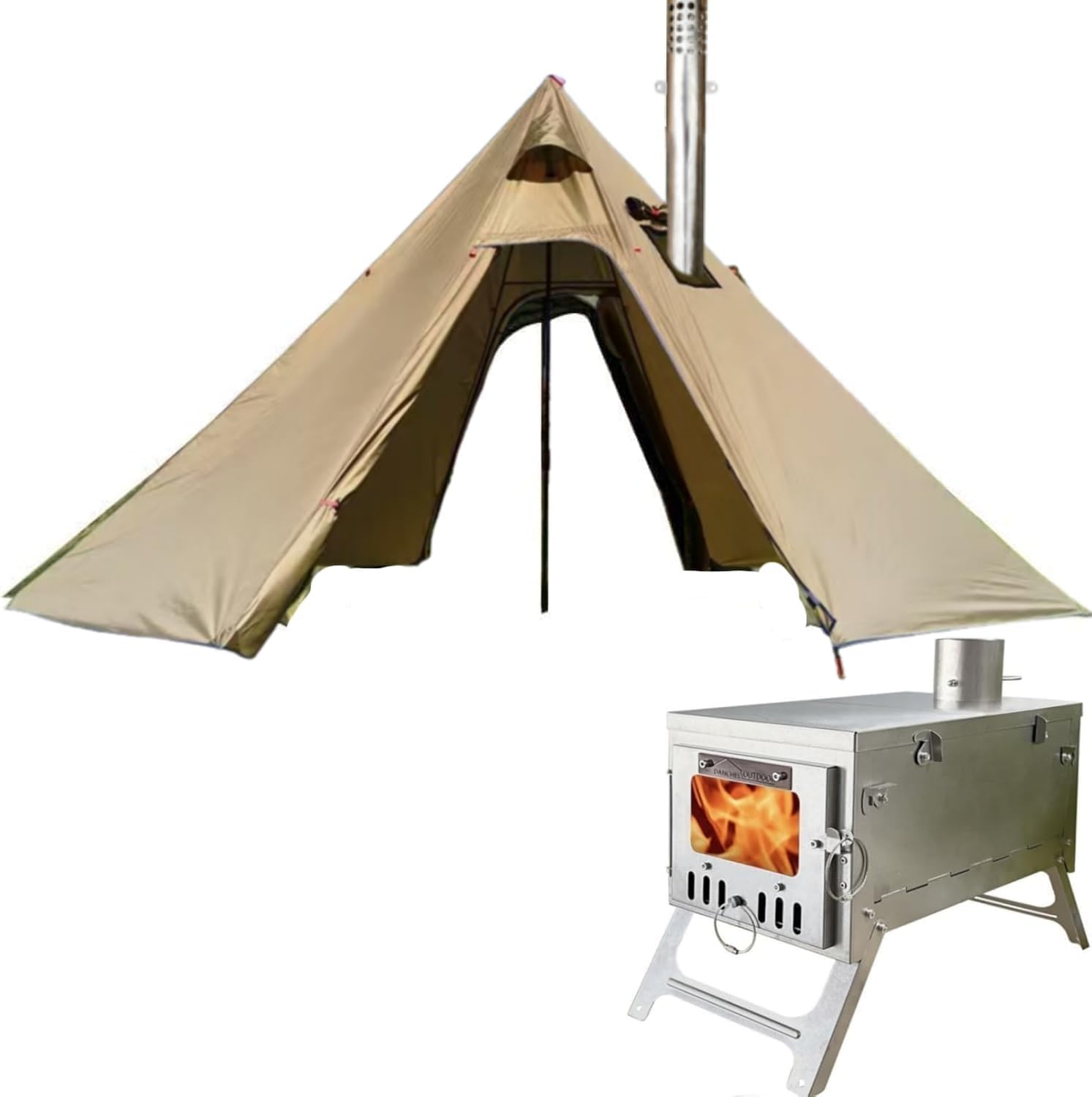 DaNchel Outdoor 4-Season Hot Tent with Stove Jack - Portable Tipi Tent for 1-4 Persons, Includes T6 Titanium Folding Wood Stove - Ideal for Winter Camping, Hunting, and Backpacking Adventures (Brown, 4m/13ft)