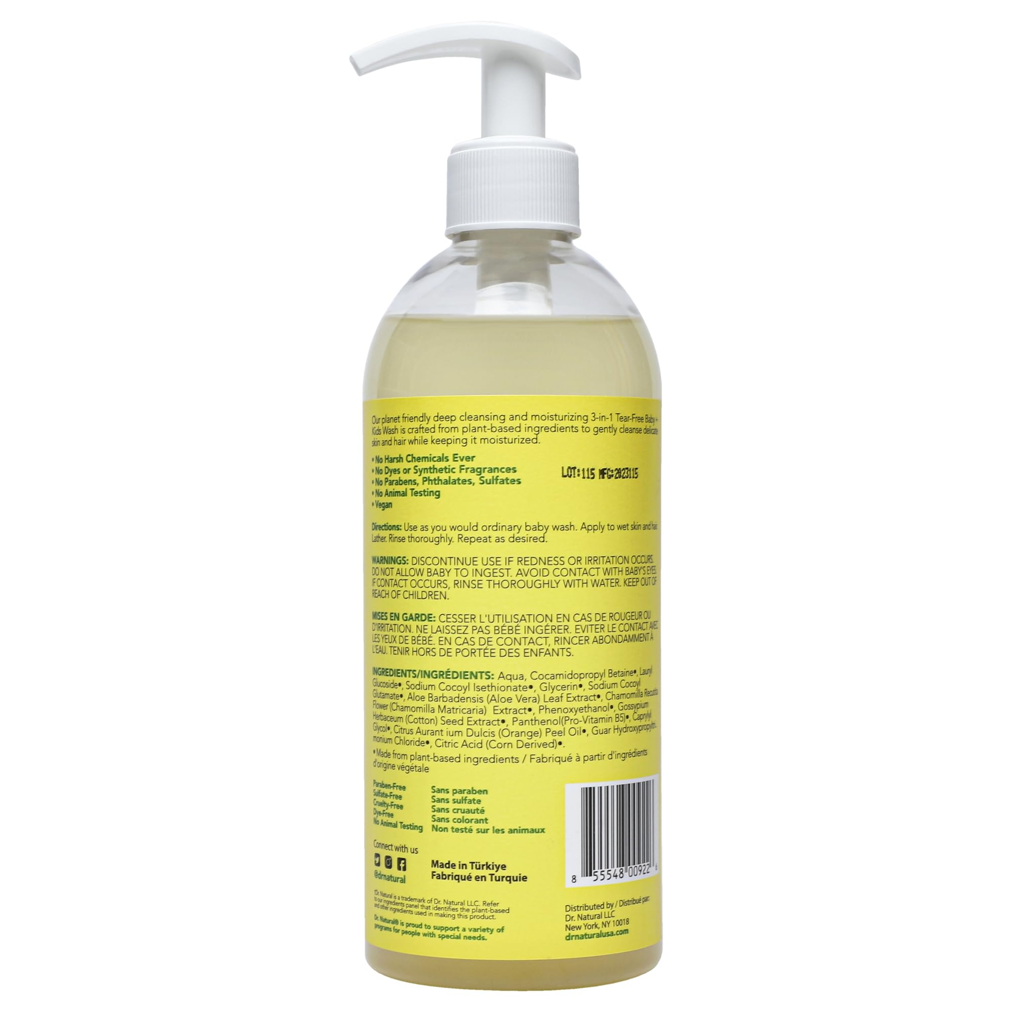 Dr. Natural 3-in-1 Tear-Free Baby & Kids Soap - Citrus Scented 16 oz | Plant-Based Baby Shampoo, Body Wash & Bubble Bath | Sulfate-Free, Paraben-Free, Hypoallergenic for Sensitive Skin | Infused with Essential Oils | Perfect for Newborns, Toddlers & Children's Daily Bath Time