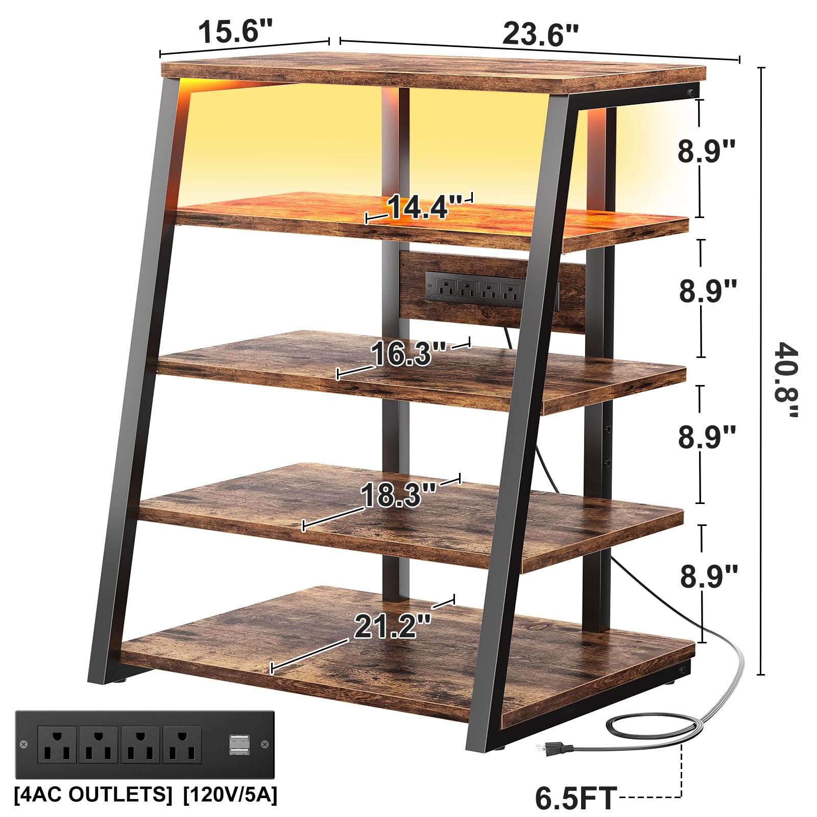 5-Tier AV Media Stand with Built-in Power Strips & LED Lights - Adjustable Shelves for Stereo, Gaming & Home Theater - Rustic Brown TV Console (40.8