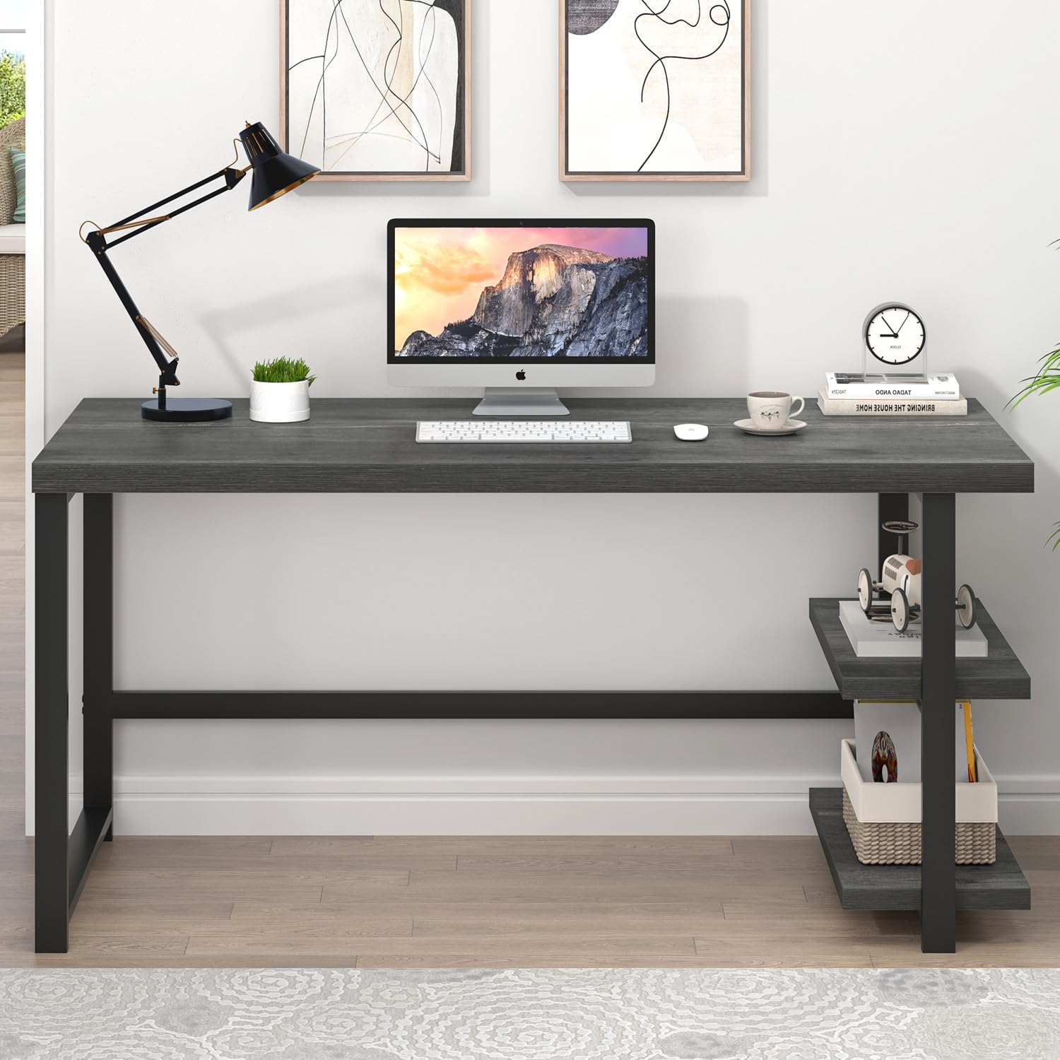 EXCEFUR 53 Inch Industrial Computer Desk with Storage Shelves - Sturdy Wood Study Writing Table for Home Office, Bedroom & Living Room - Grey | Perfect for Remote Work, Gaming & Study Spaces