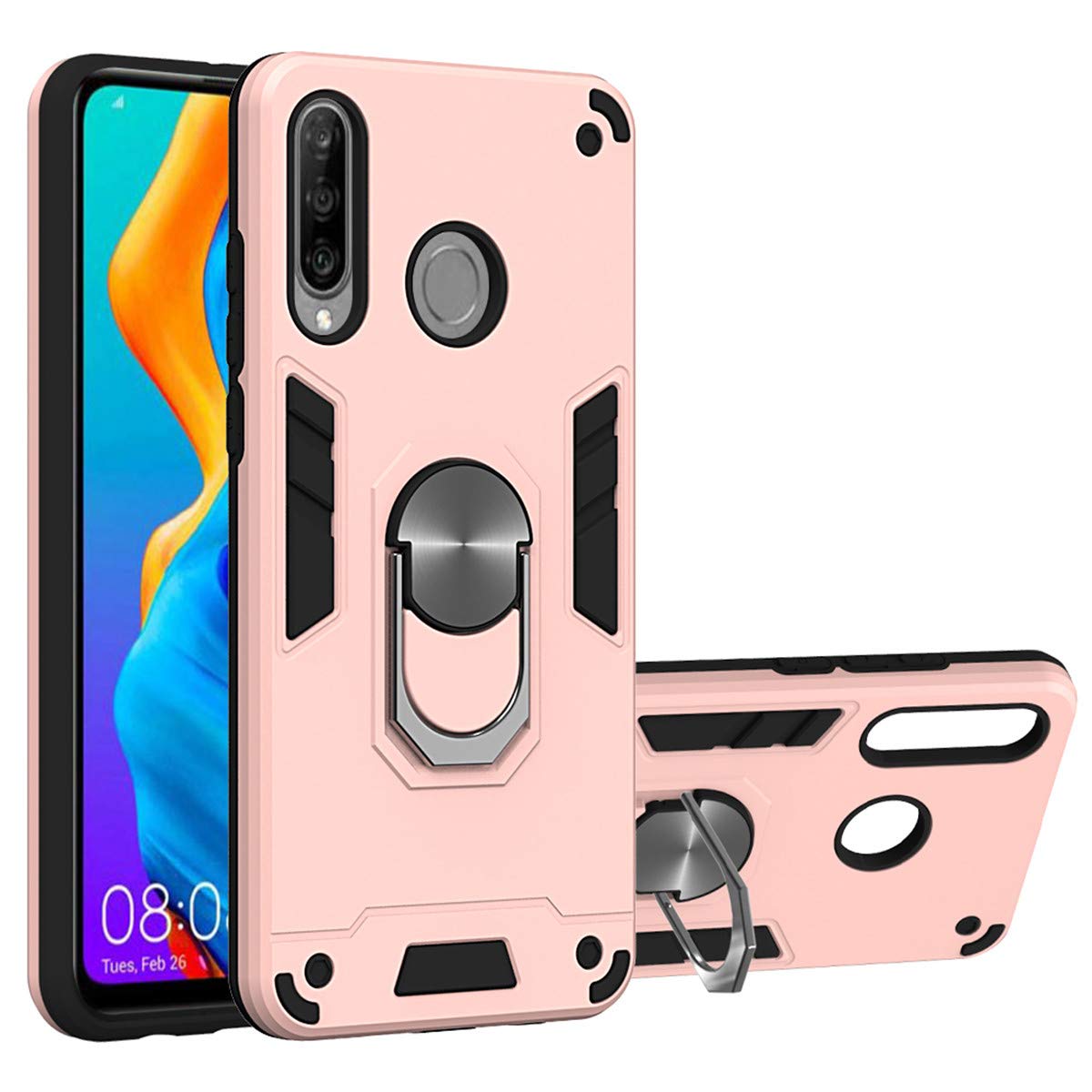 Huawei P30 Lite Case Nova 4e Case - 2 in 1 Dual Layer Shockproof Protective Hybrid Cover with Ring Holder for Huawei P30 Lite/Nova 4e (6.15 Inch) - Rose Gold | Perfect for Daily Use, Travel & Outdoor Activities