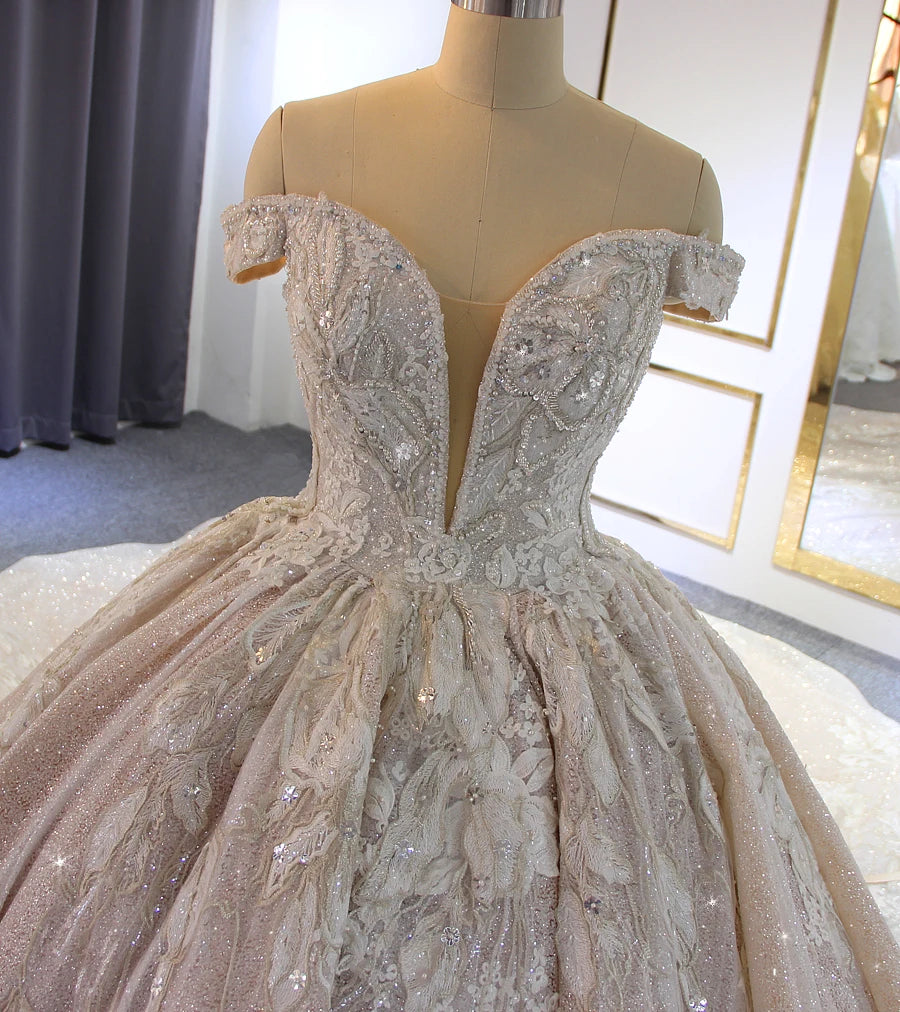 Elegant Off Shoulder Beaded Wedding Gown with Long Train - Perfect for Bridal Ceremonies, Vow Renewals & Formal Events