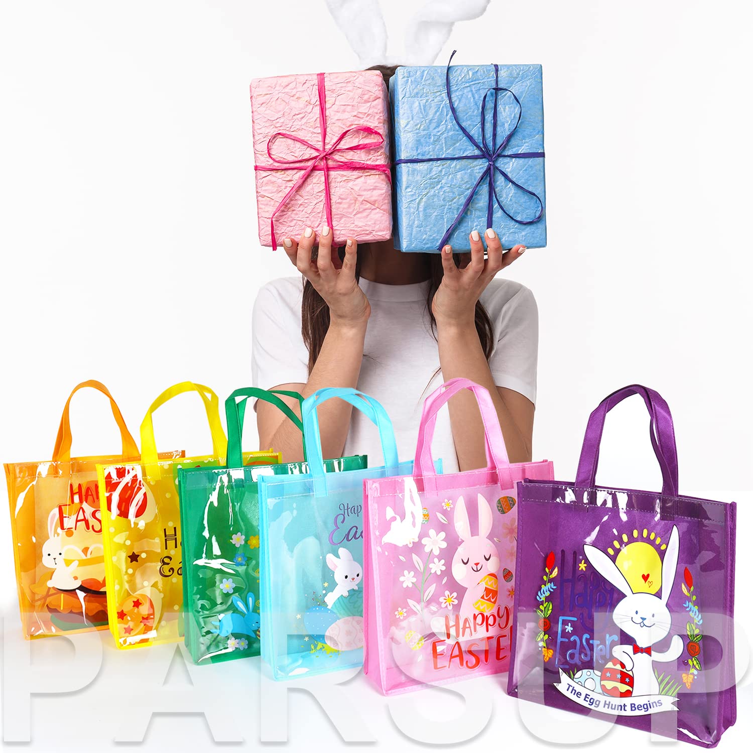 6PCS Easter Egg Hunt Bags - Bunny Carrot Chick Themed Treat Bags with Handles, 13